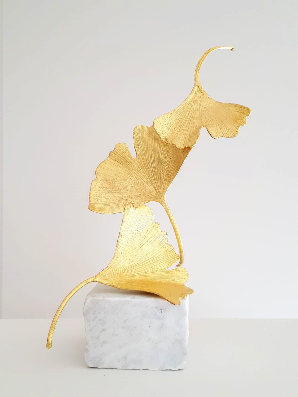 Golden Gingko by Kuno Vollet - Cast Brass gilded sculpture on white marble base 3