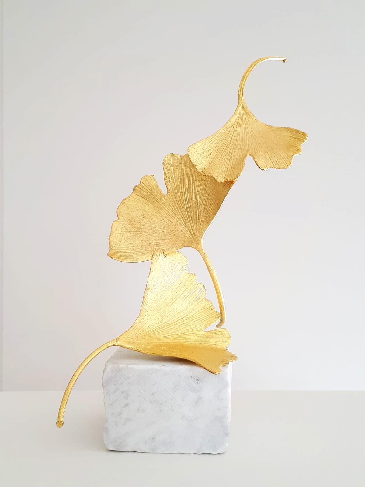 Golden Gingko by Kuno Vollet - Cast Brass gilded sculpture on white marble base 1
