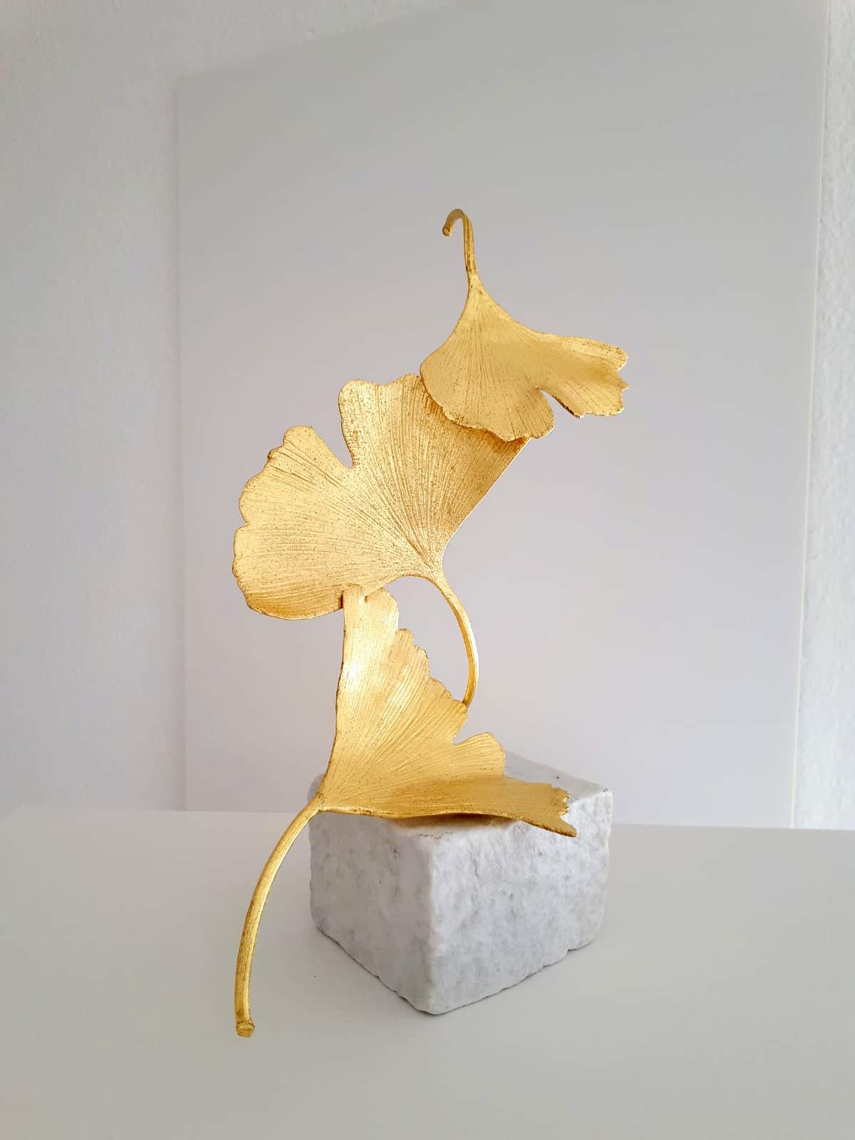 Golden Gingko by Kuno Vollet - Cast Brass gilded sculpture on white marble base 2