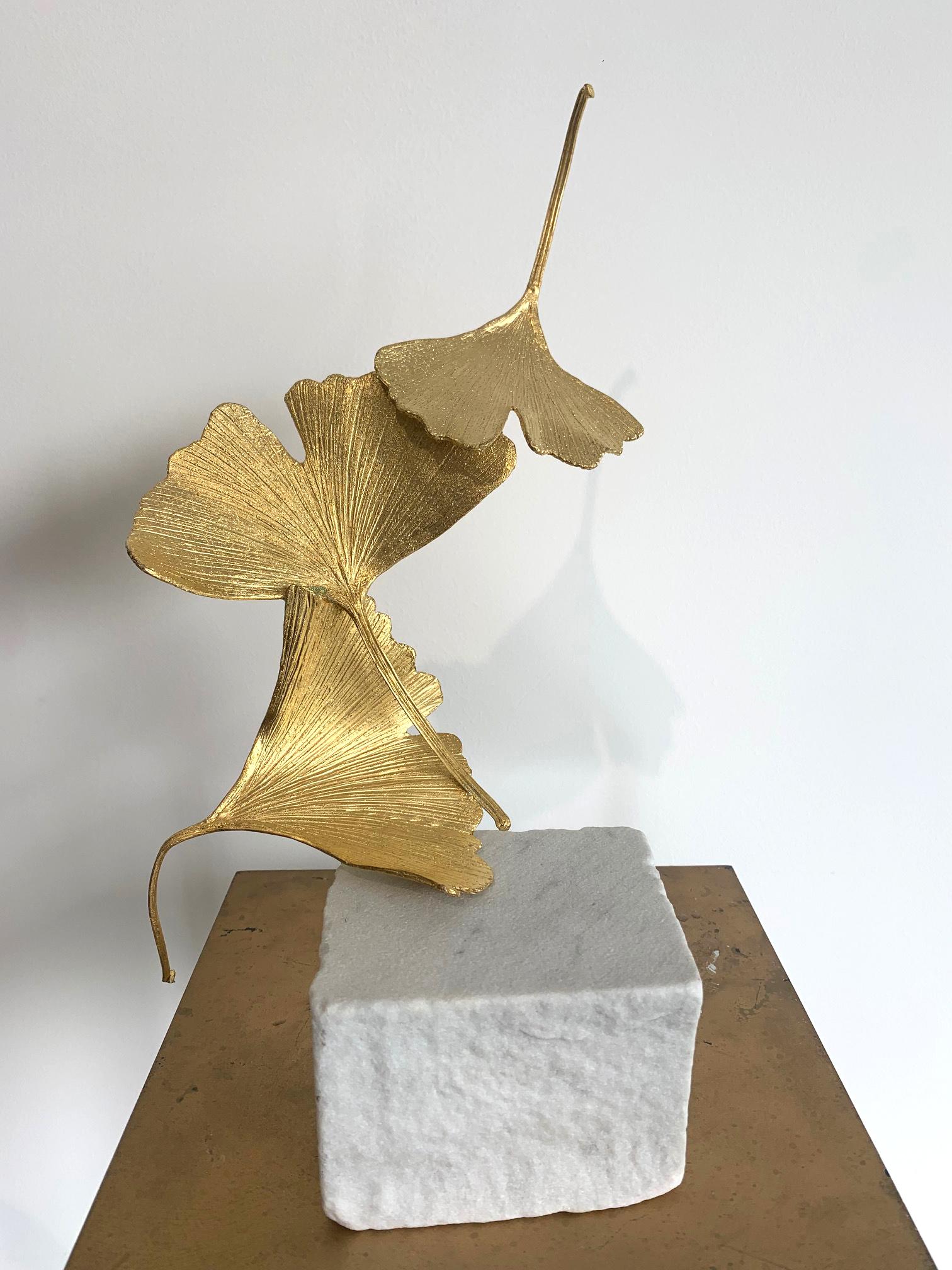 Golden Gingko by Kuno Vollet - Cast Brass gilded sculpture on white marble base 3