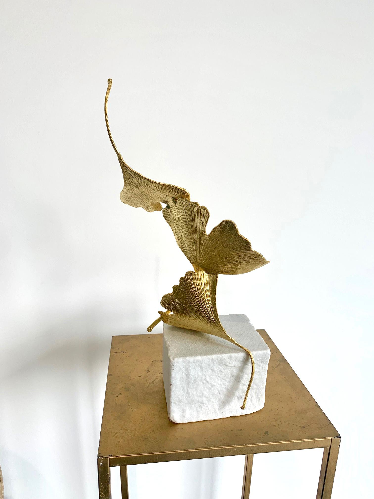 Golden Gingko by Kuno Vollet - Cast Brass gilded sculpture on white marble base 4