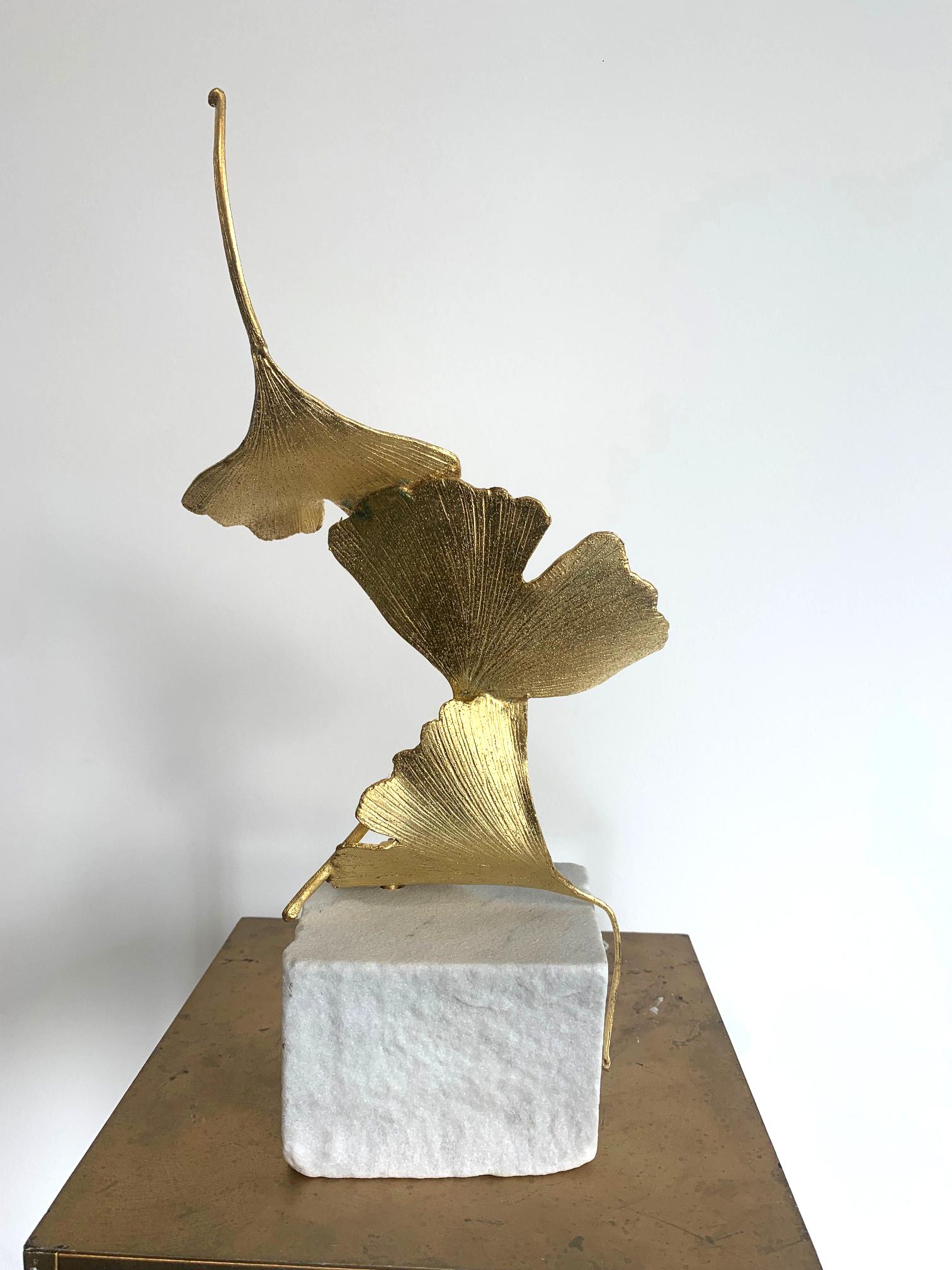 Golden Gingko by Kuno Vollet - Cast Brass gilded sculpture on white marble base 7
