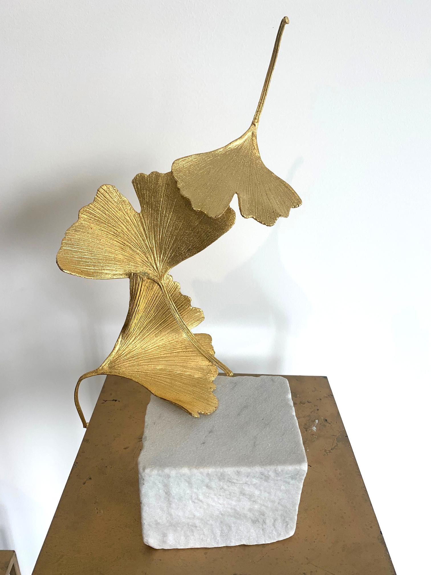 Golden Gingko by Kuno Vollet - Cast Brass gilded sculpture on white marble base 8
