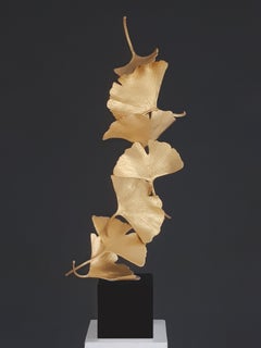 Golden Ginkgo Sculpture with 6 Leaves, Brass and Black Granite Base