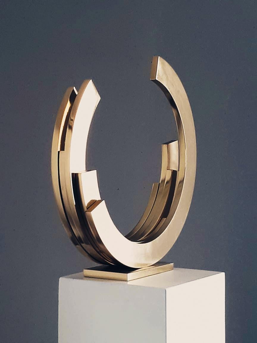 Golden Orbit by Kuno Vollet - Contemporary brass sculpture with marble base For Sale 9