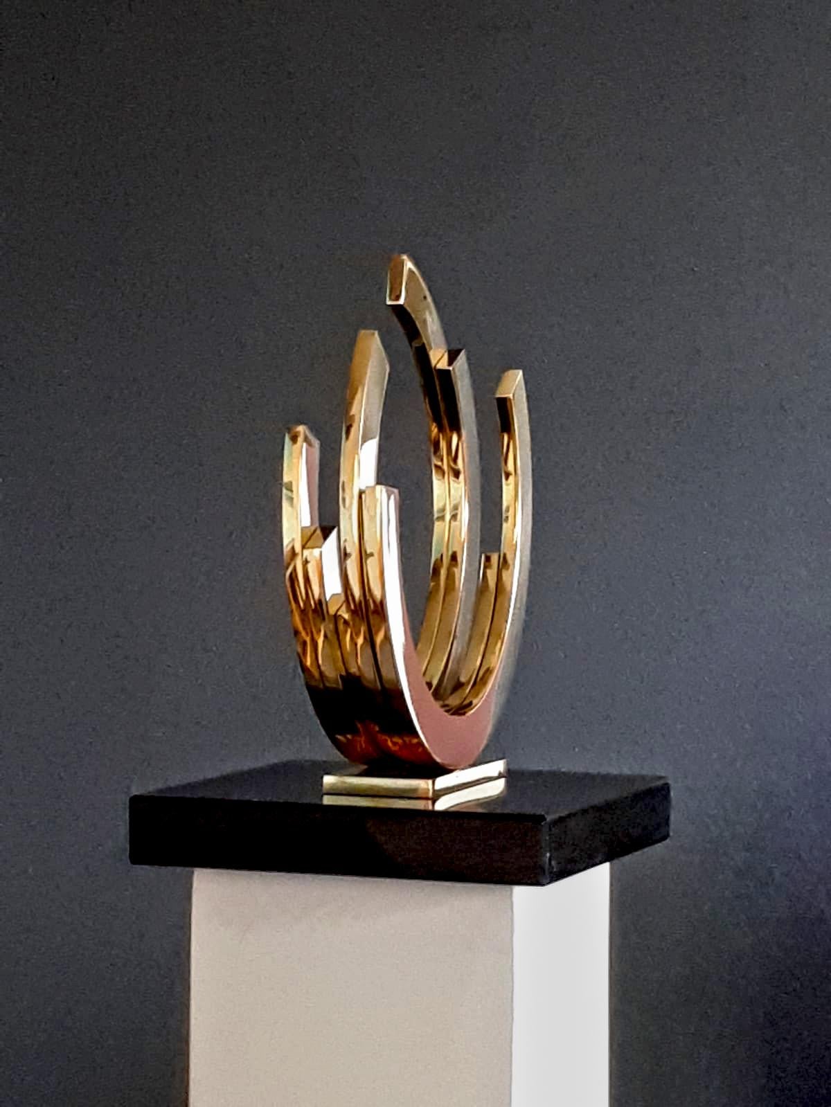 Golden Orbit by Kuno Vollet - Shiny Brass Circle Contemporary Minimal sculpture 3