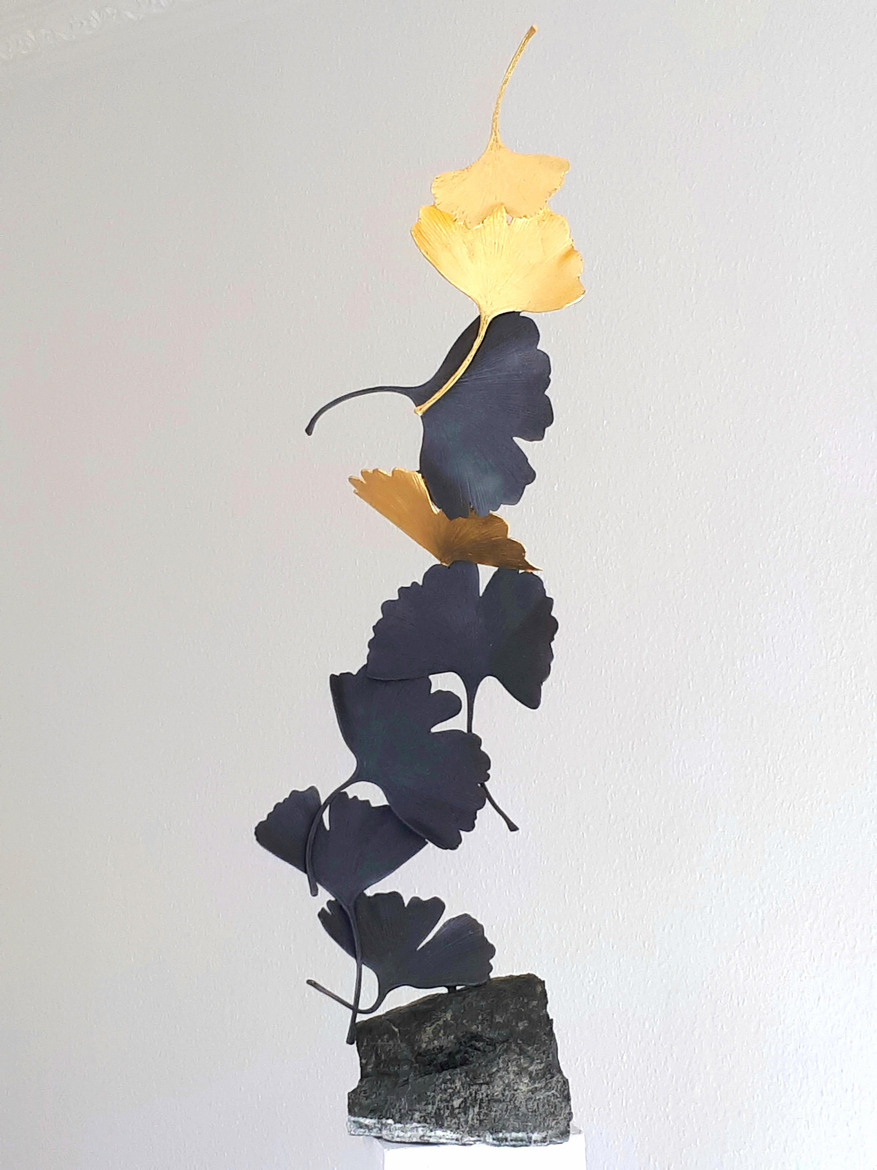 Grey and Gold Gingko by Kuno Vollet Contemporary Bronze sculpture on granite For Sale 1