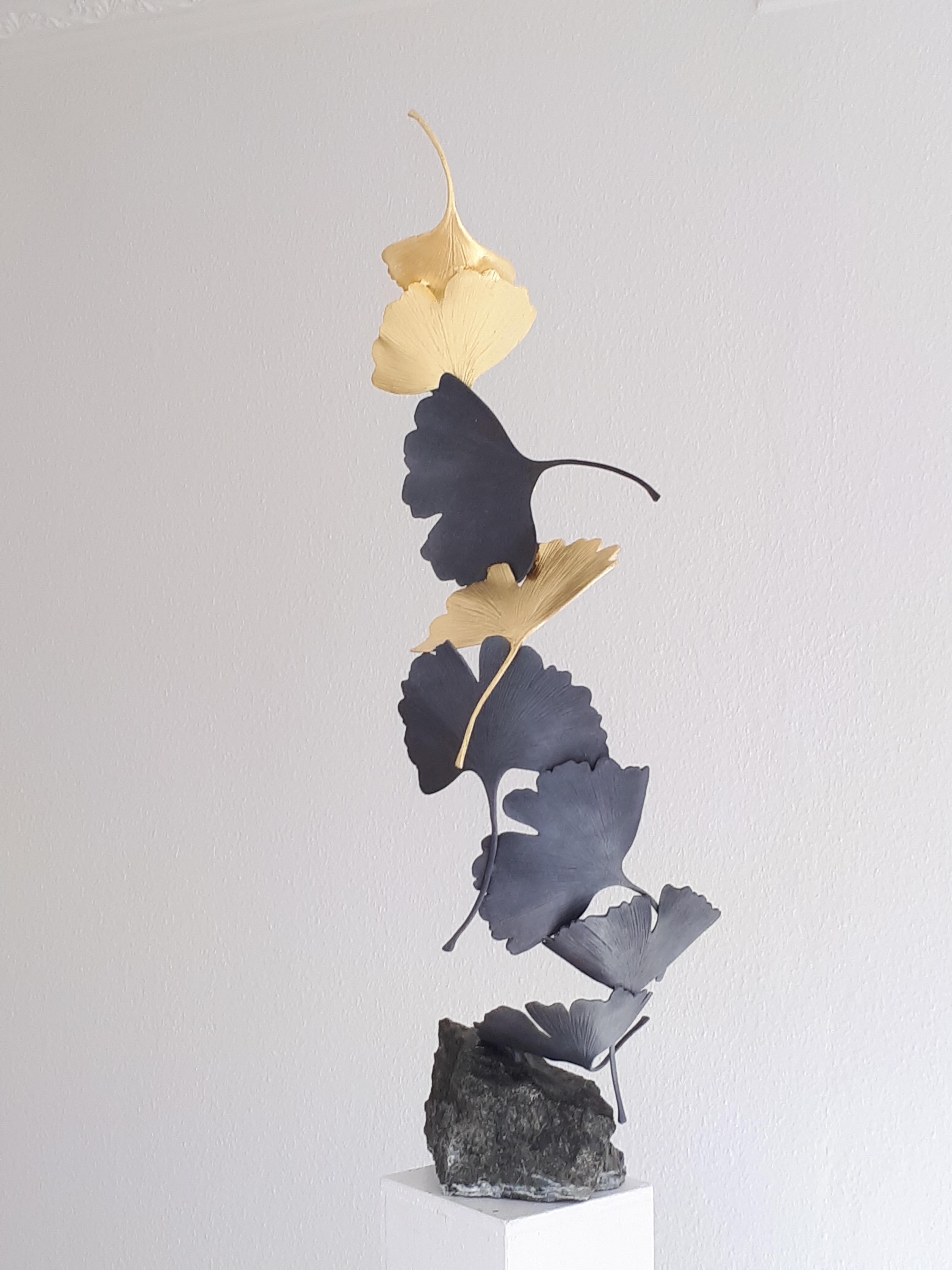 Grey and Gold Gingko by Kuno Vollet Contemporary Bronze sculpture on granite 5