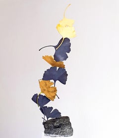 Grey and Gold Gingko by Kuno Vollet Contemporary Bronze sculpture on granite