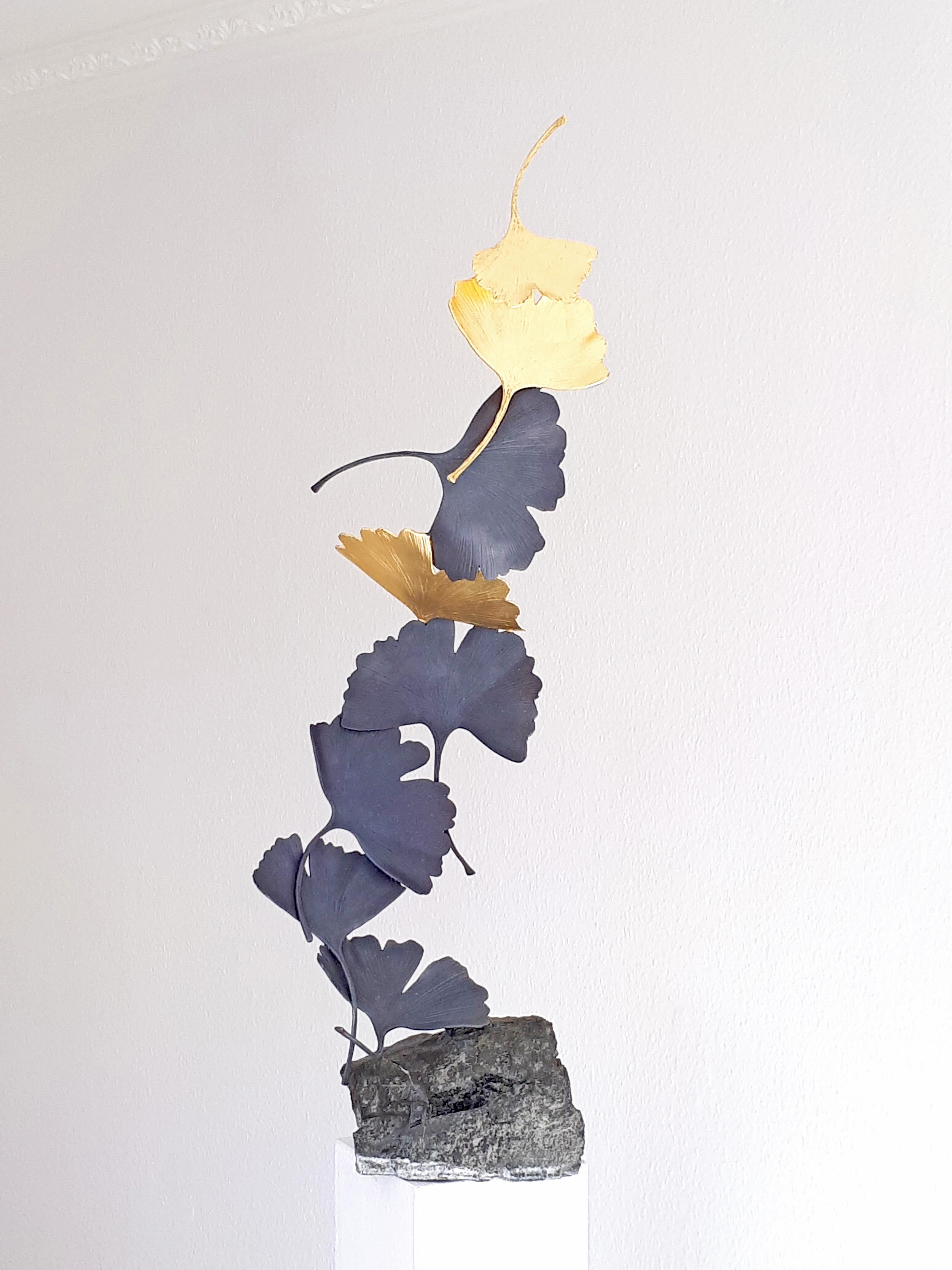 Grey and Gold Gingko by Kuno Vollet Contemporary Bronze sculpture on granite
