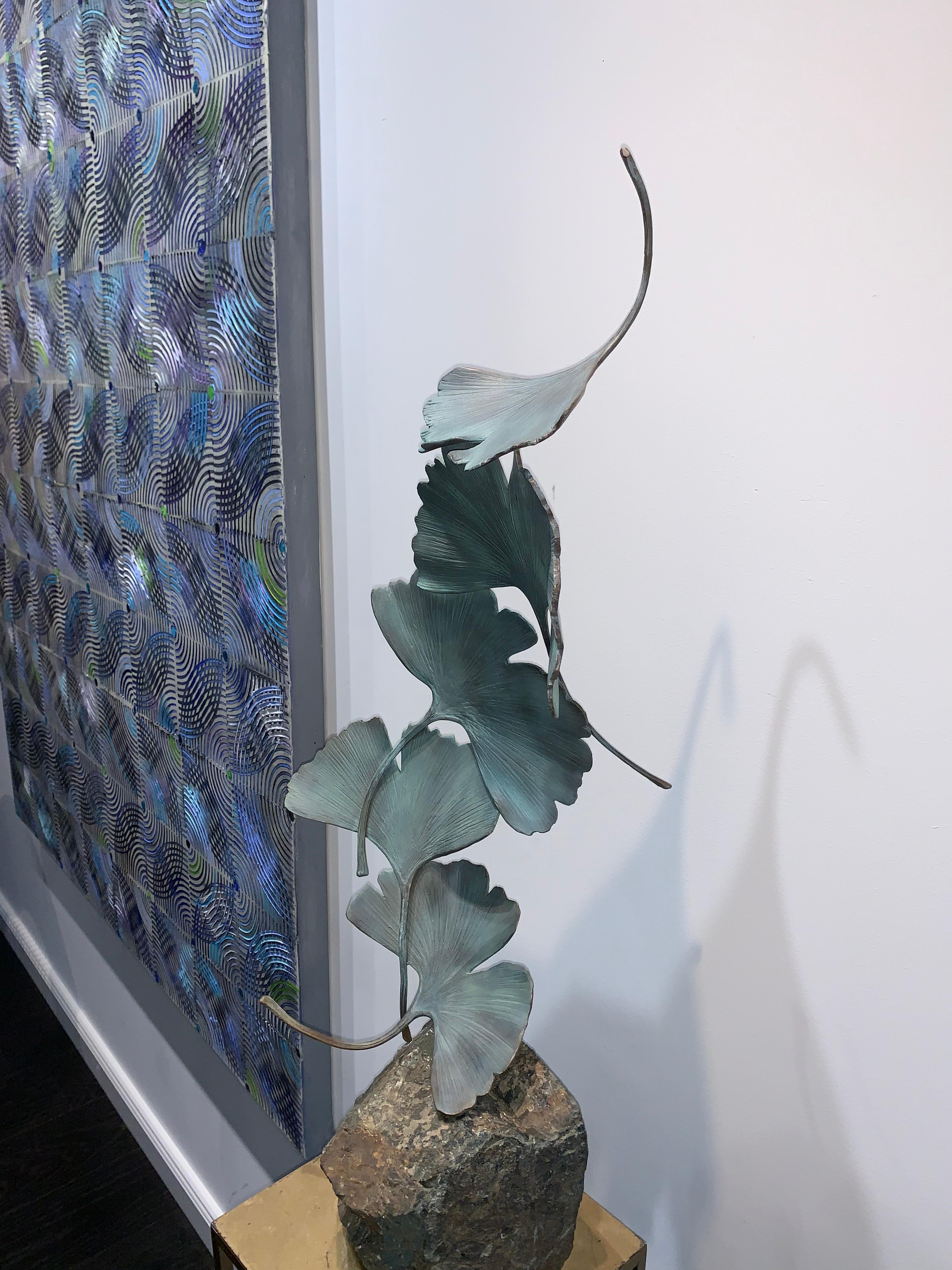 Grey Gingko by Kuno Vollet - Contemporary bronze sculpture on rough granite base For Sale 10