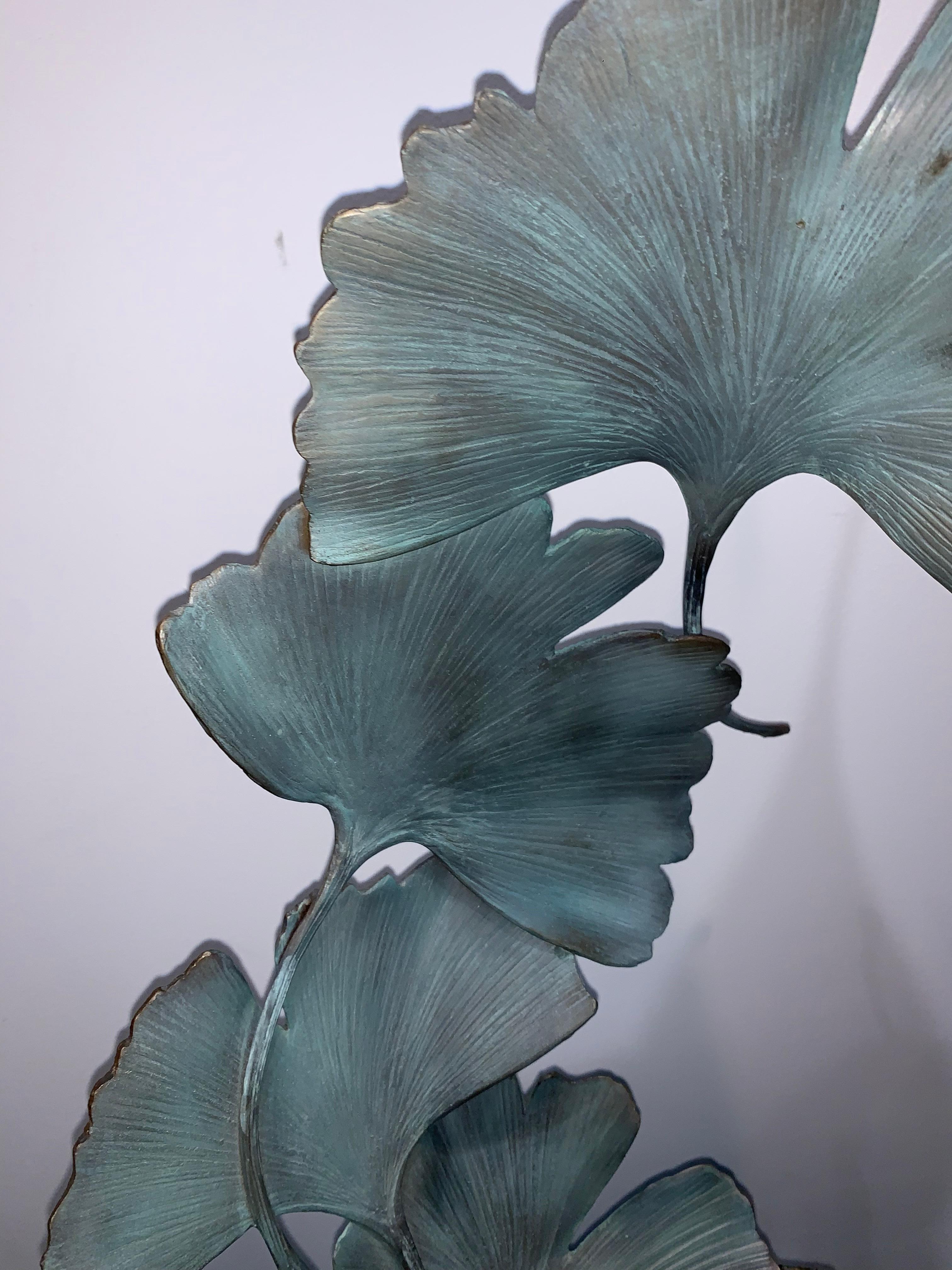 Grey Gingko by Kuno Vollet - Contemporary bronze sculpture on rough granite base For Sale 11