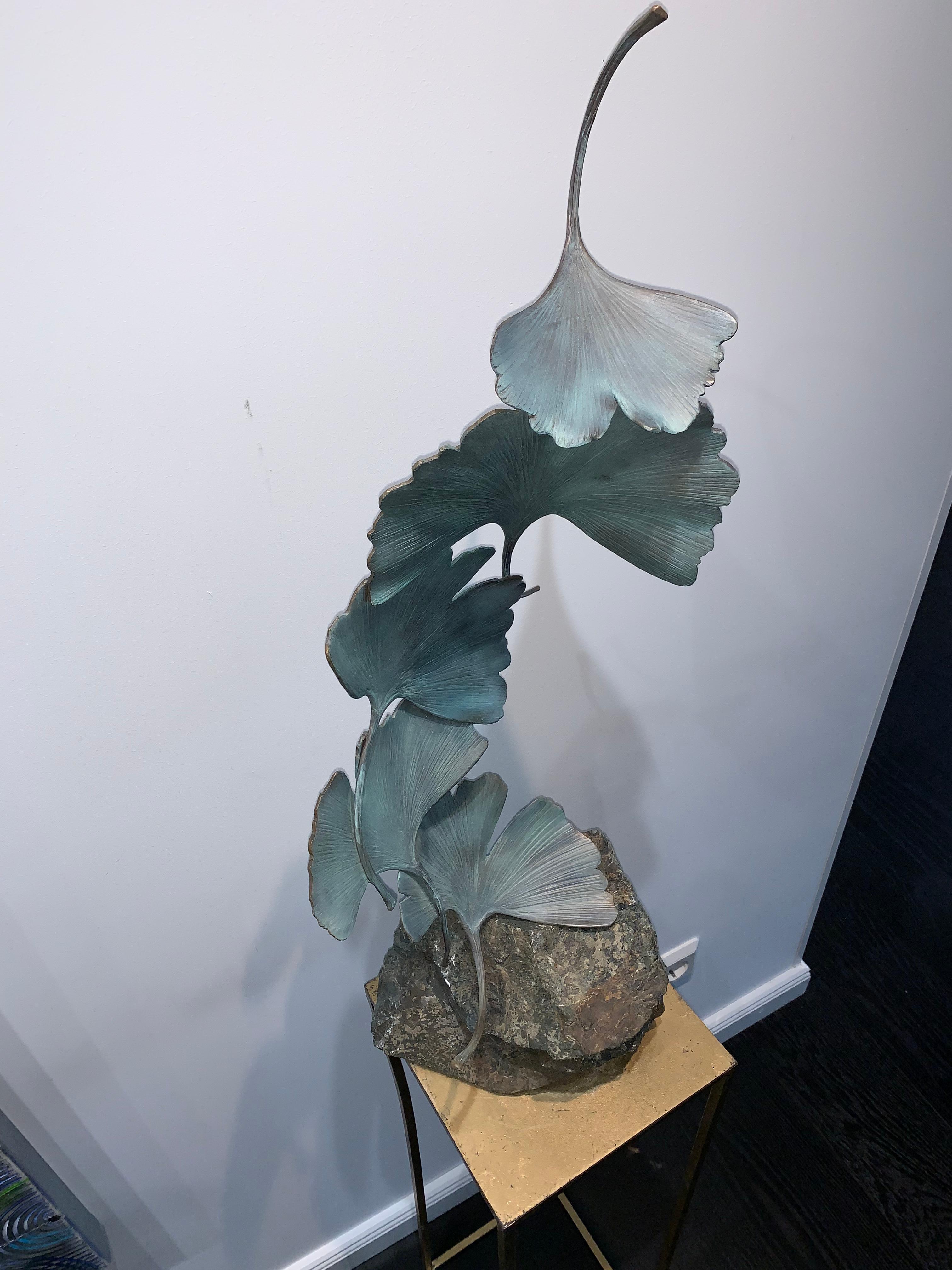 Grey Gingko by Kuno Vollet - Contemporary bronze sculpture on rough granite base For Sale 7