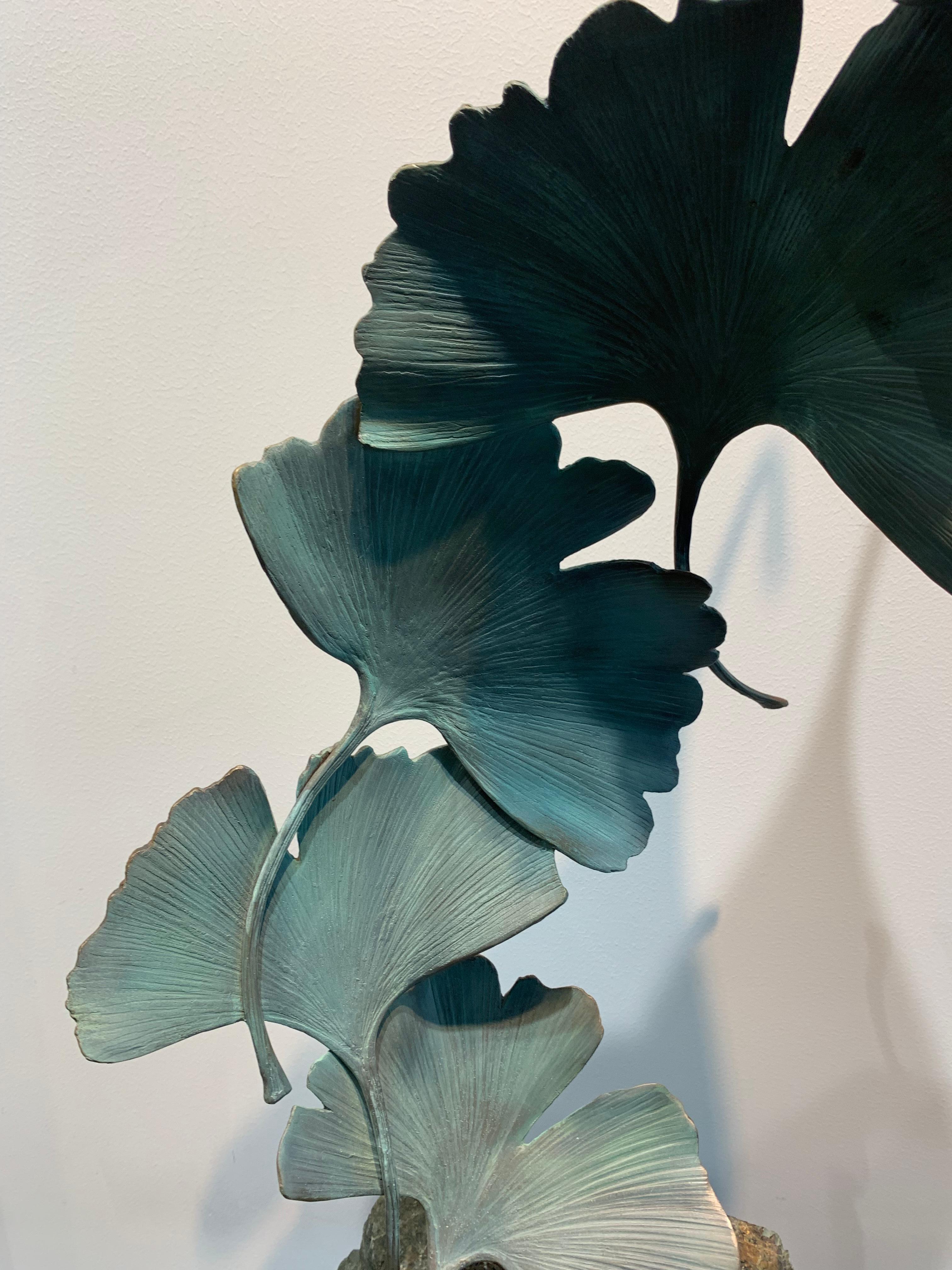 Grey Gingko by Kuno Vollet - Contemporary bronze sculpture on rough granite base For Sale 12