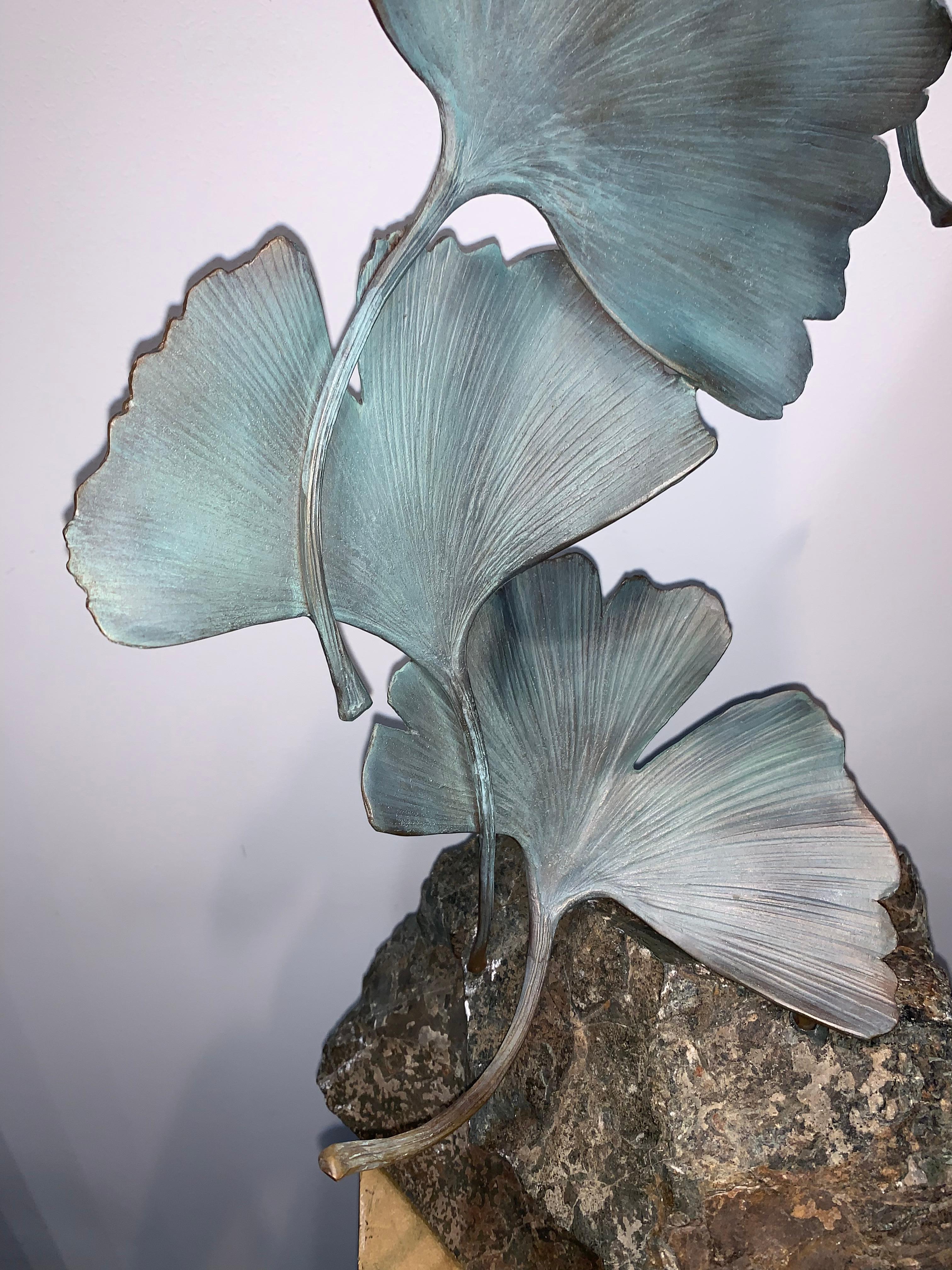 Grey Gingko by Kuno Vollet - Contemporary bronze sculpture on rough granite base For Sale 8