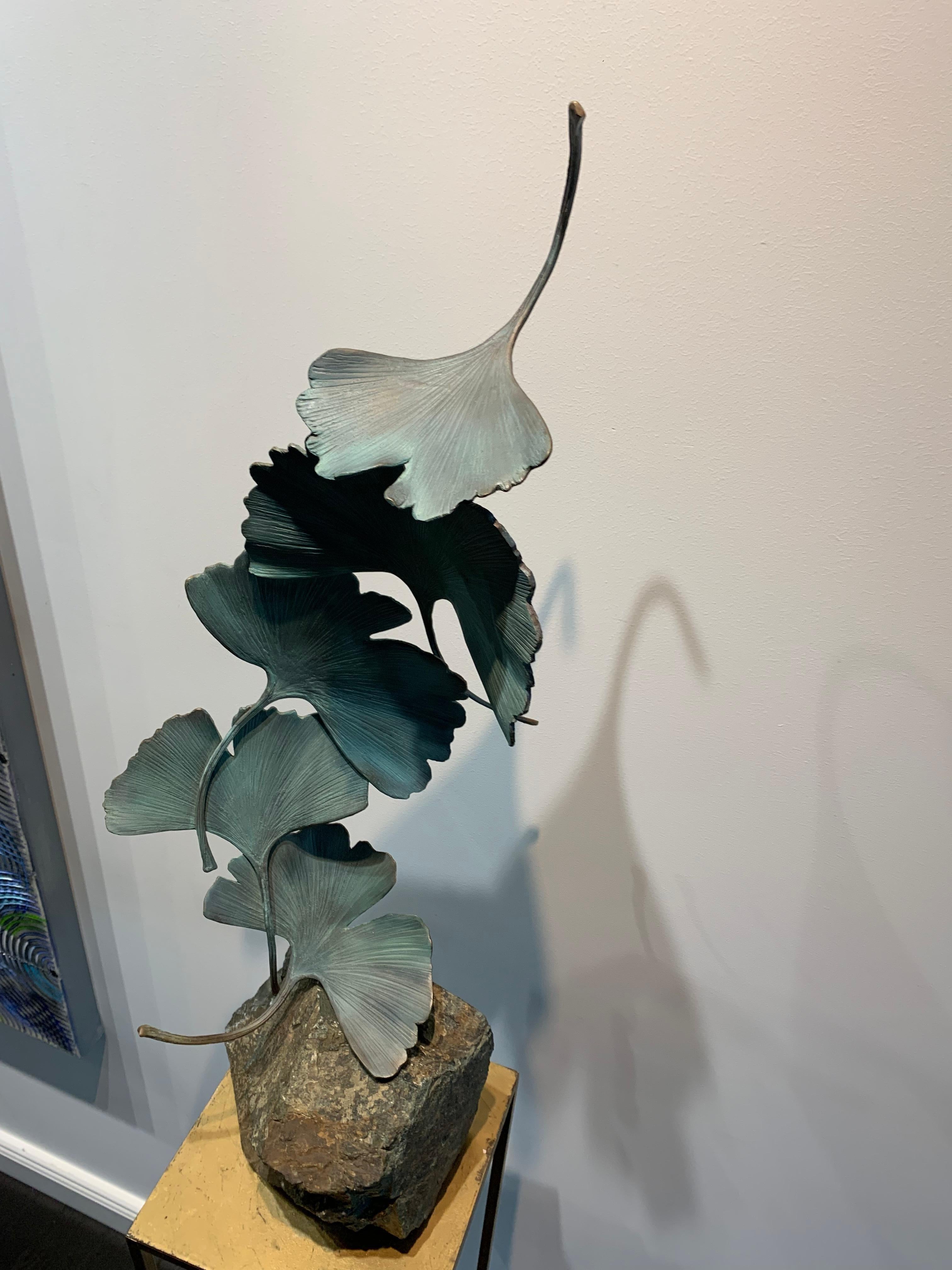 Grey Gingko by Kuno Vollet - Contemporary bronze sculpture on rough granite base For Sale 13