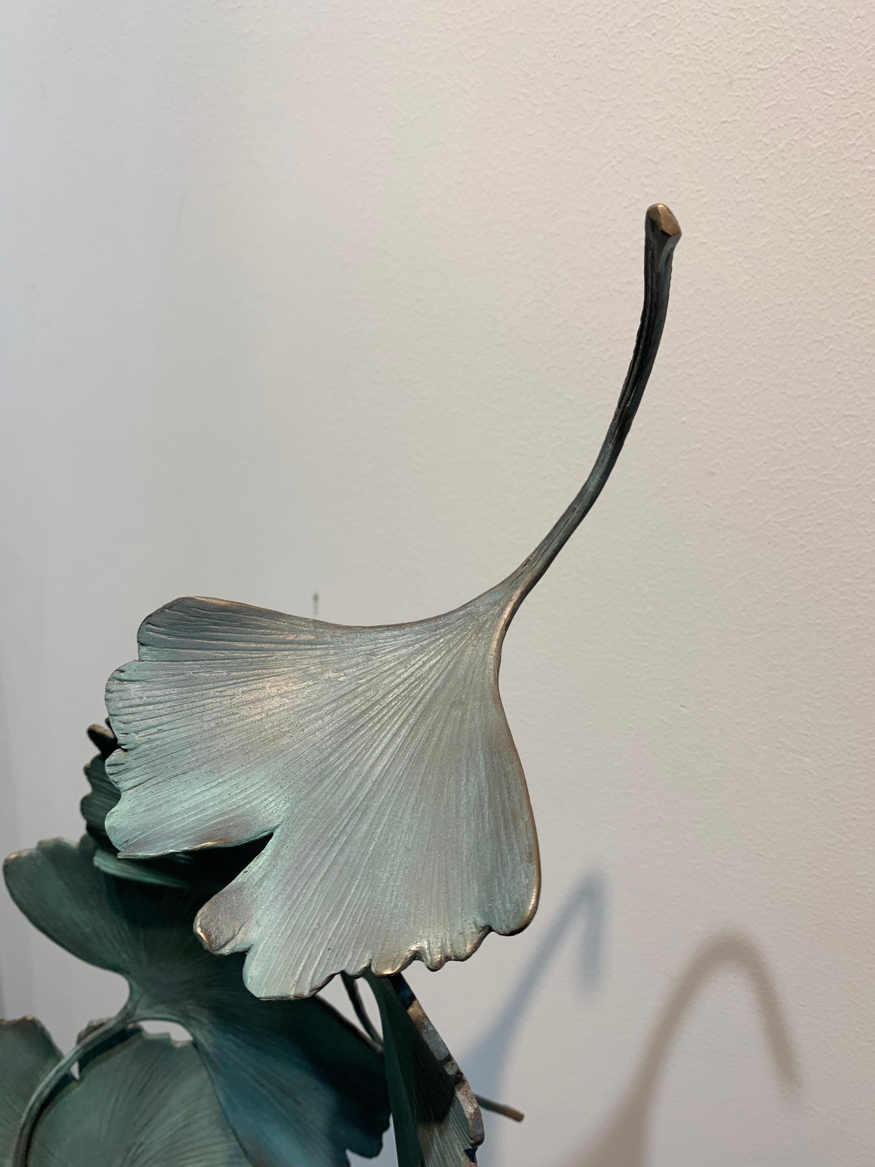Grey Gingko by Kuno Vollet - Contemporary bronze sculpture on rough granite base For Sale 14