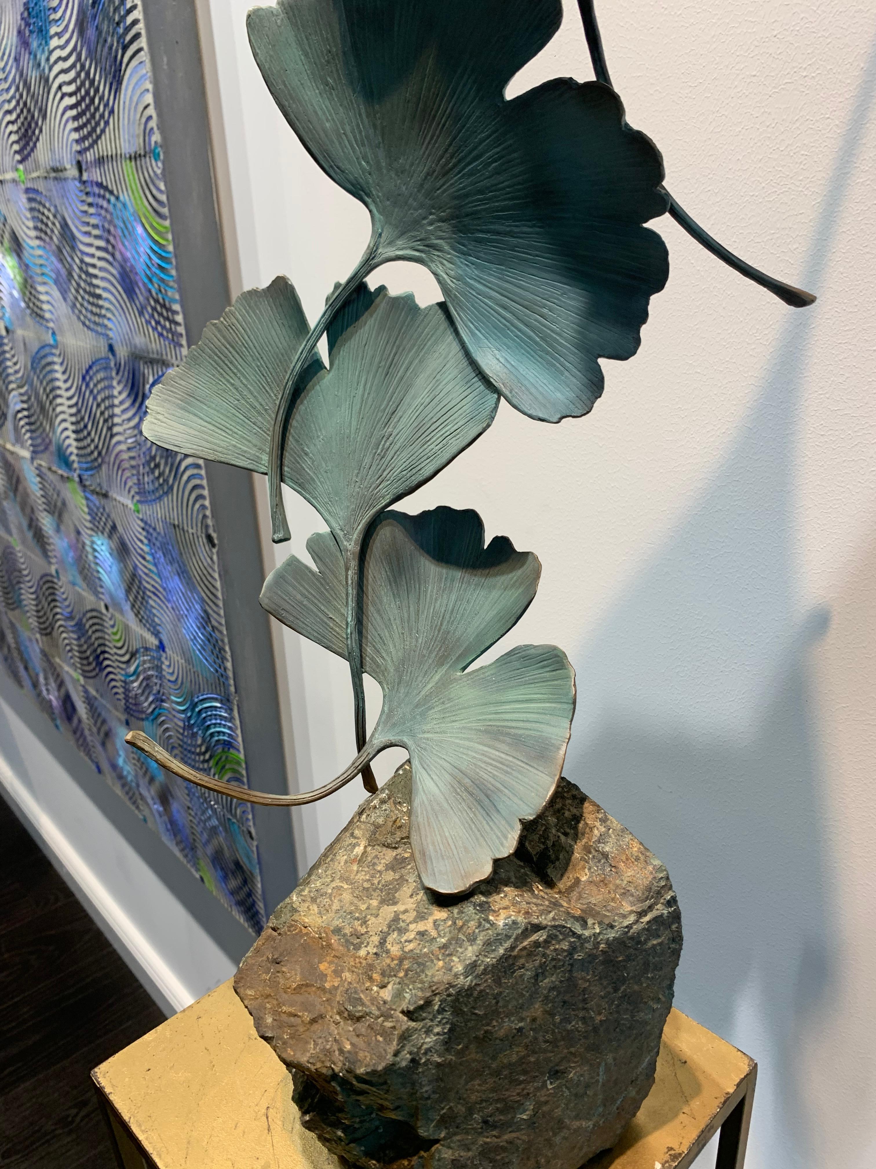 Grey Gingko by Kuno Vollet - Contemporary bronze sculpture on rough granite base For Sale 14