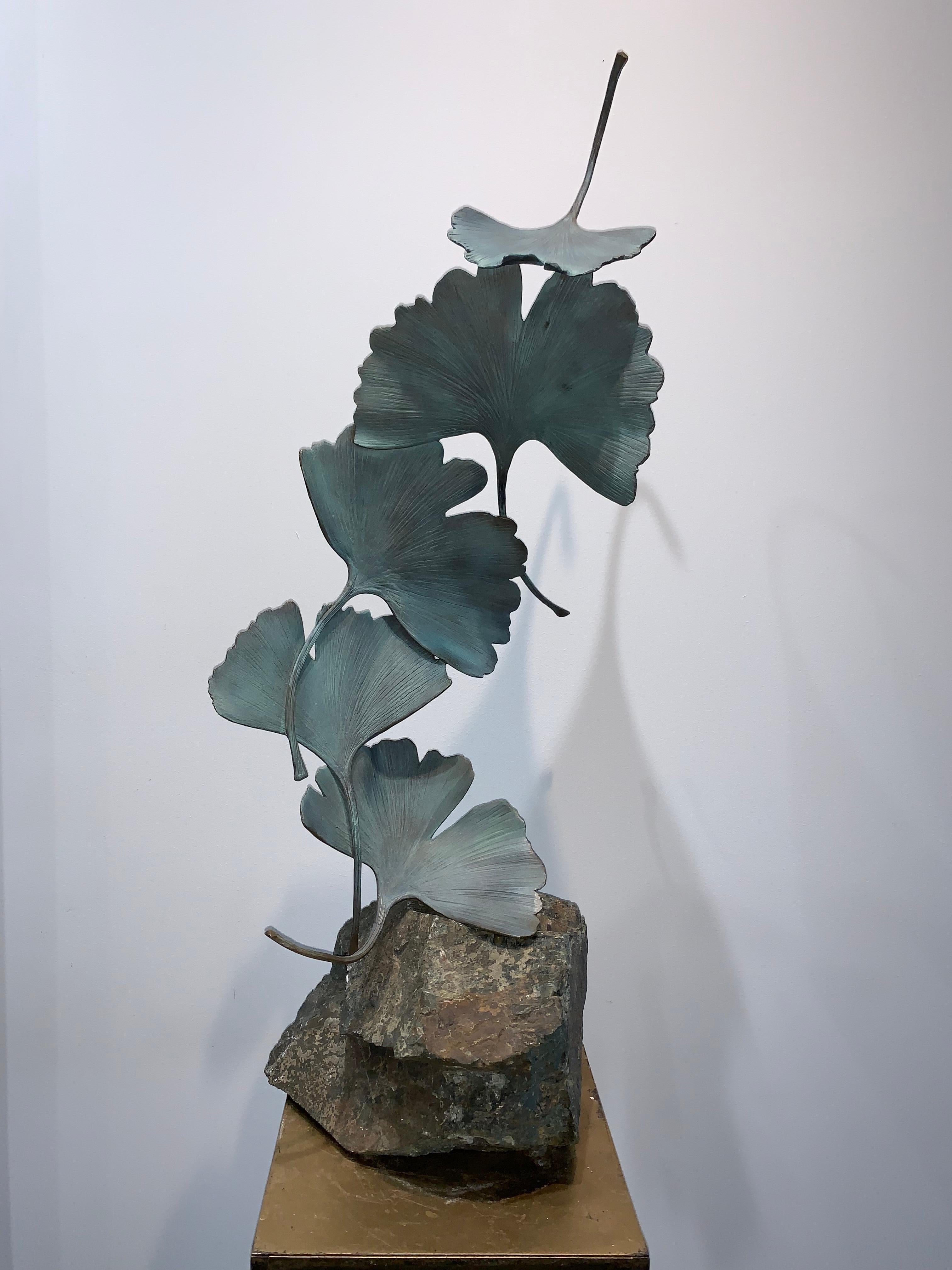 Grey Gingko by Kuno Vollet - Contemporary bronze sculpture on rough granite base For Sale 1