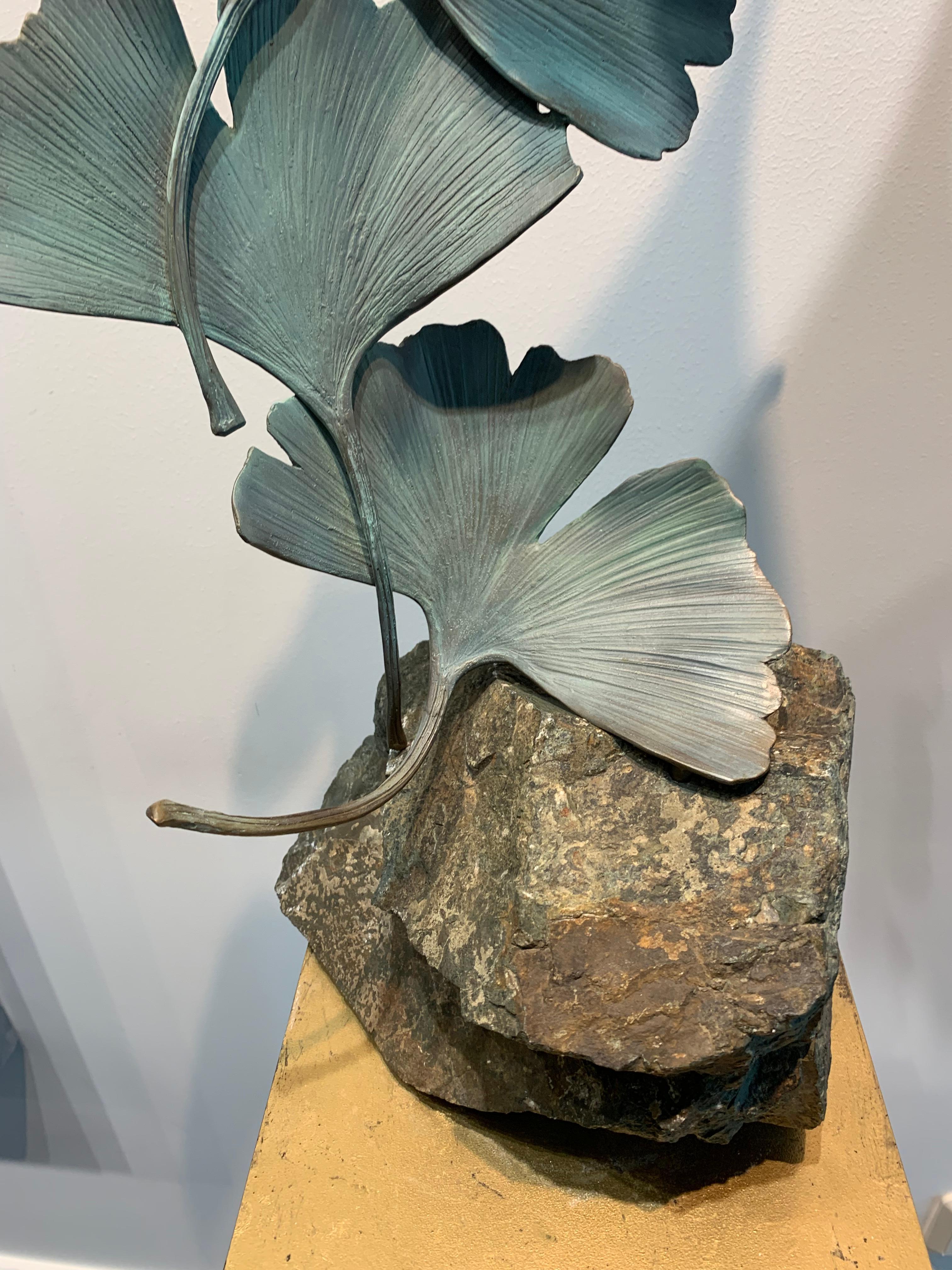 Grey Gingko by Kuno Vollet - Contemporary bronze sculpture on rough granite base For Sale 2
