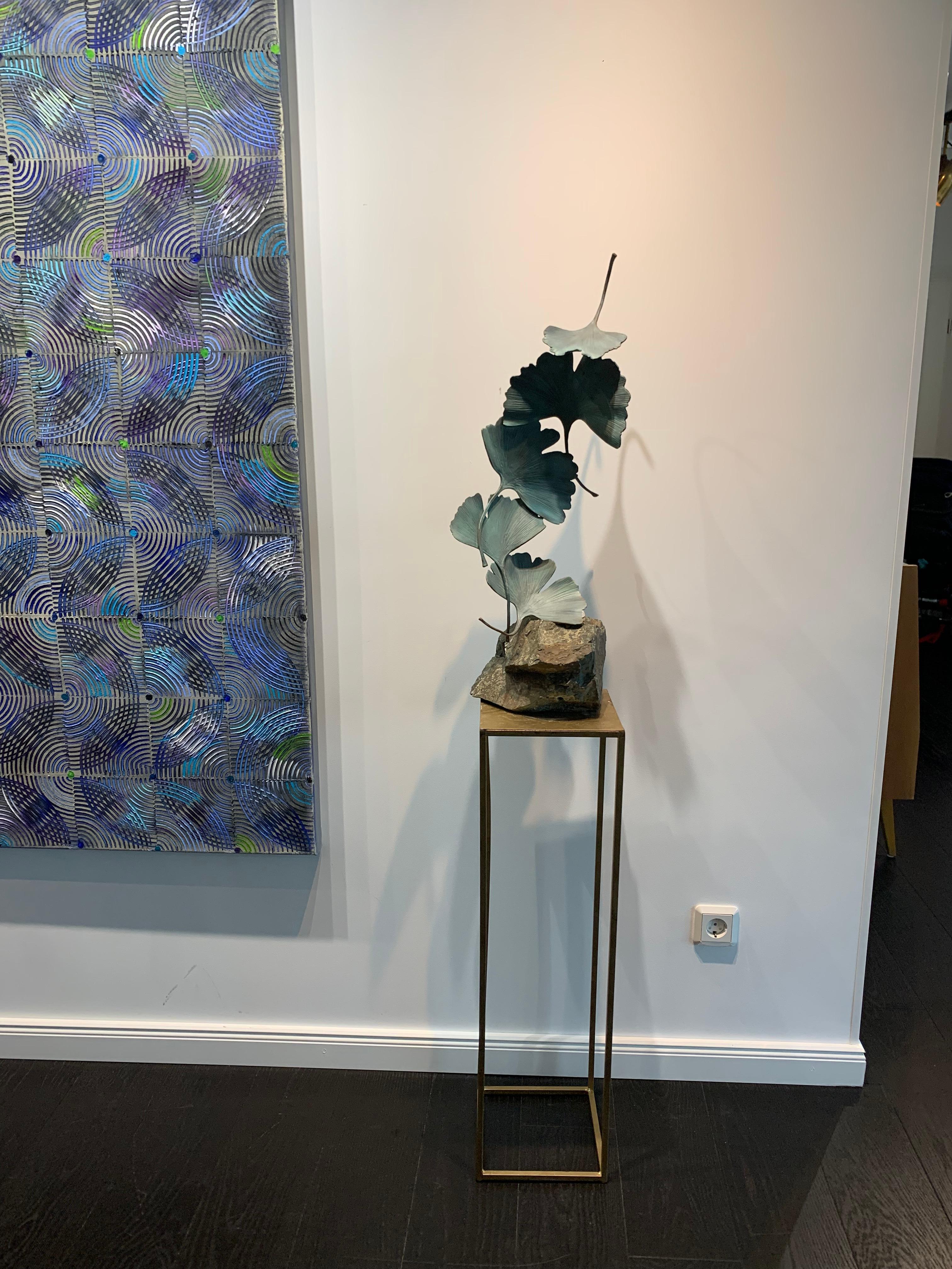 Grey Gingko by Kuno Vollet - Contemporary bronze sculpture on rough granite base For Sale 3