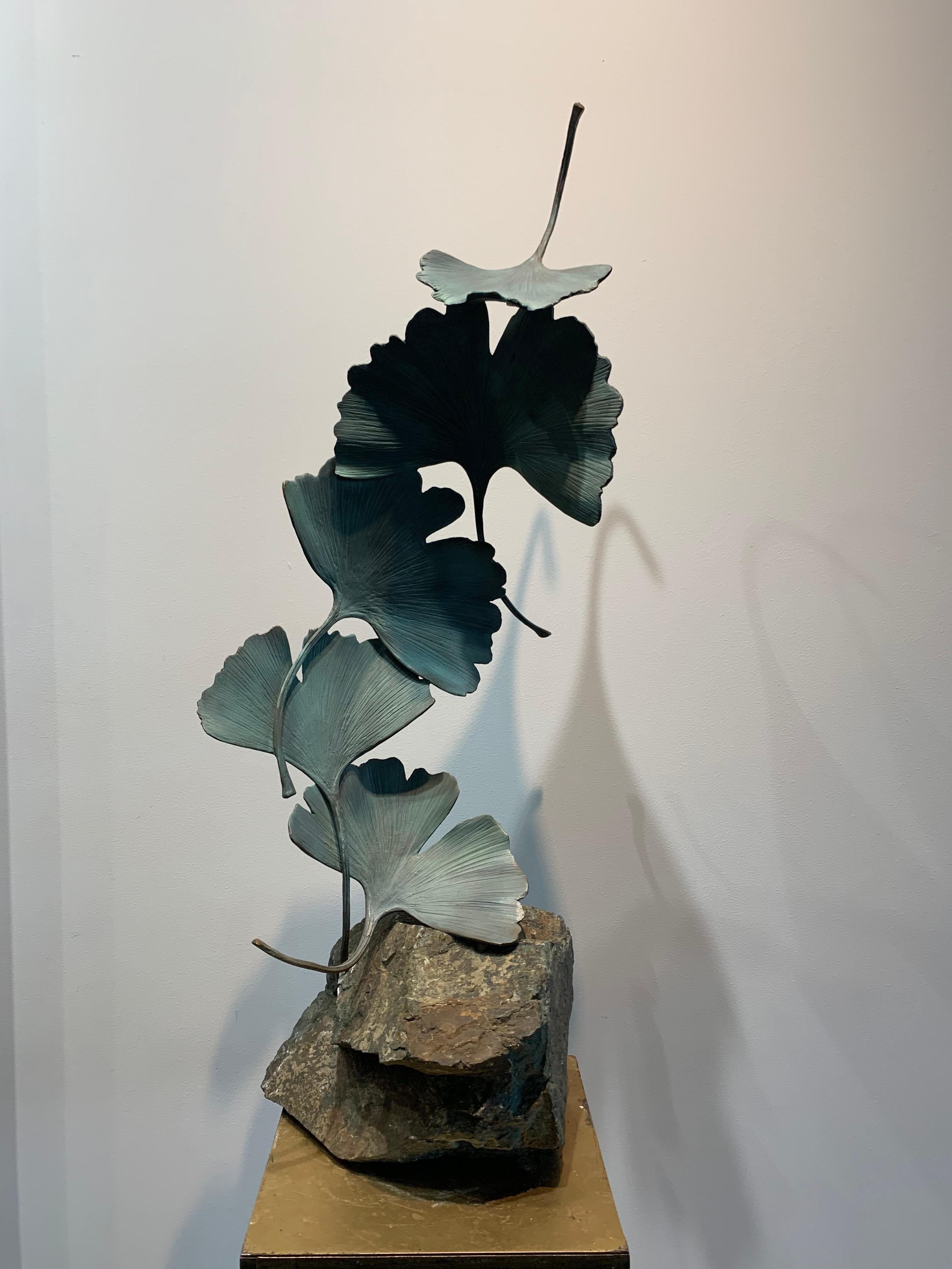 Grey Gingko by Kuno Vollet - Contemporary bronze sculpture on rough granite base For Sale 3