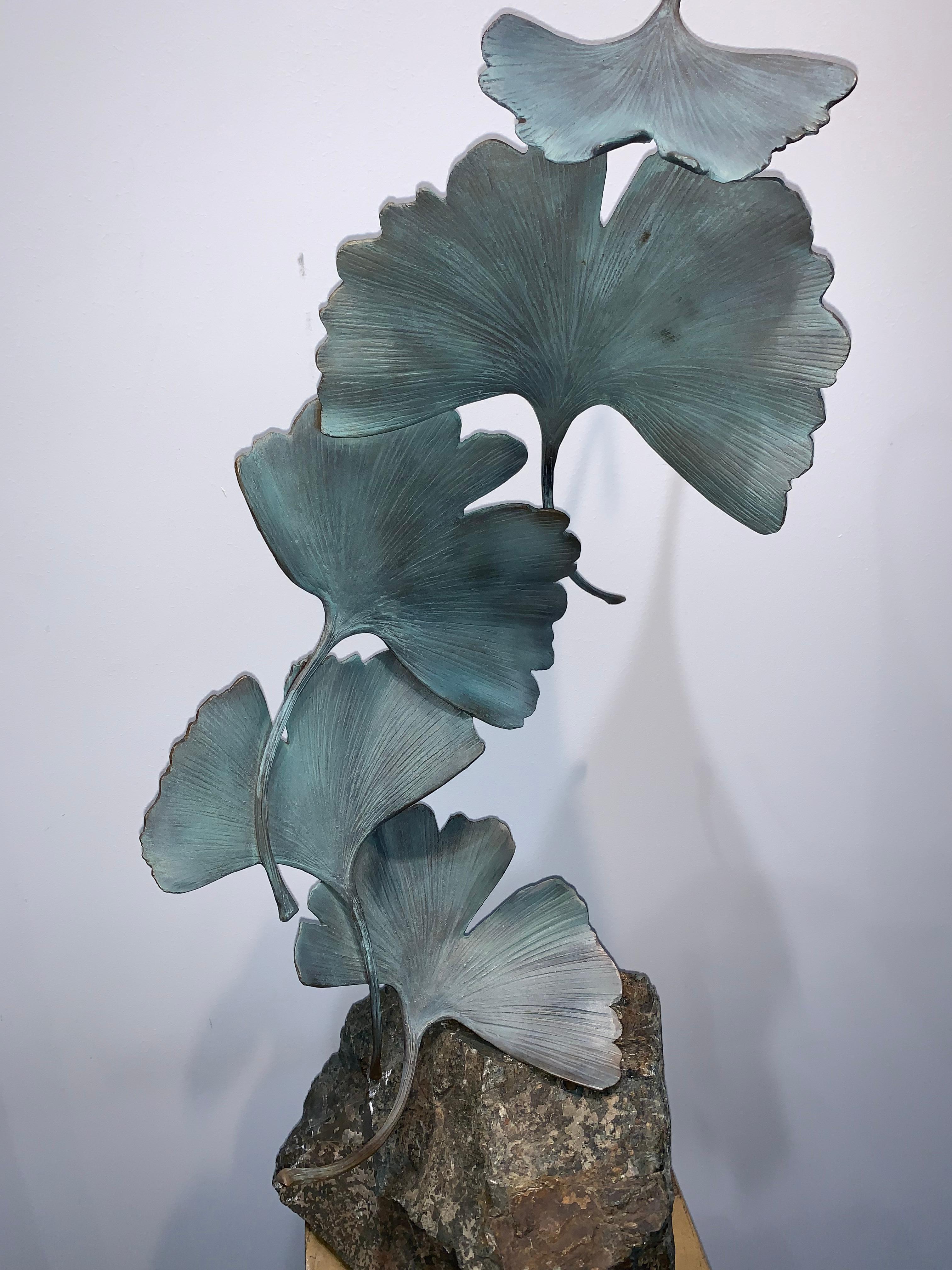 Grey Gingko by Kuno Vollet - Contemporary bronze sculpture on rough granite base For Sale 6