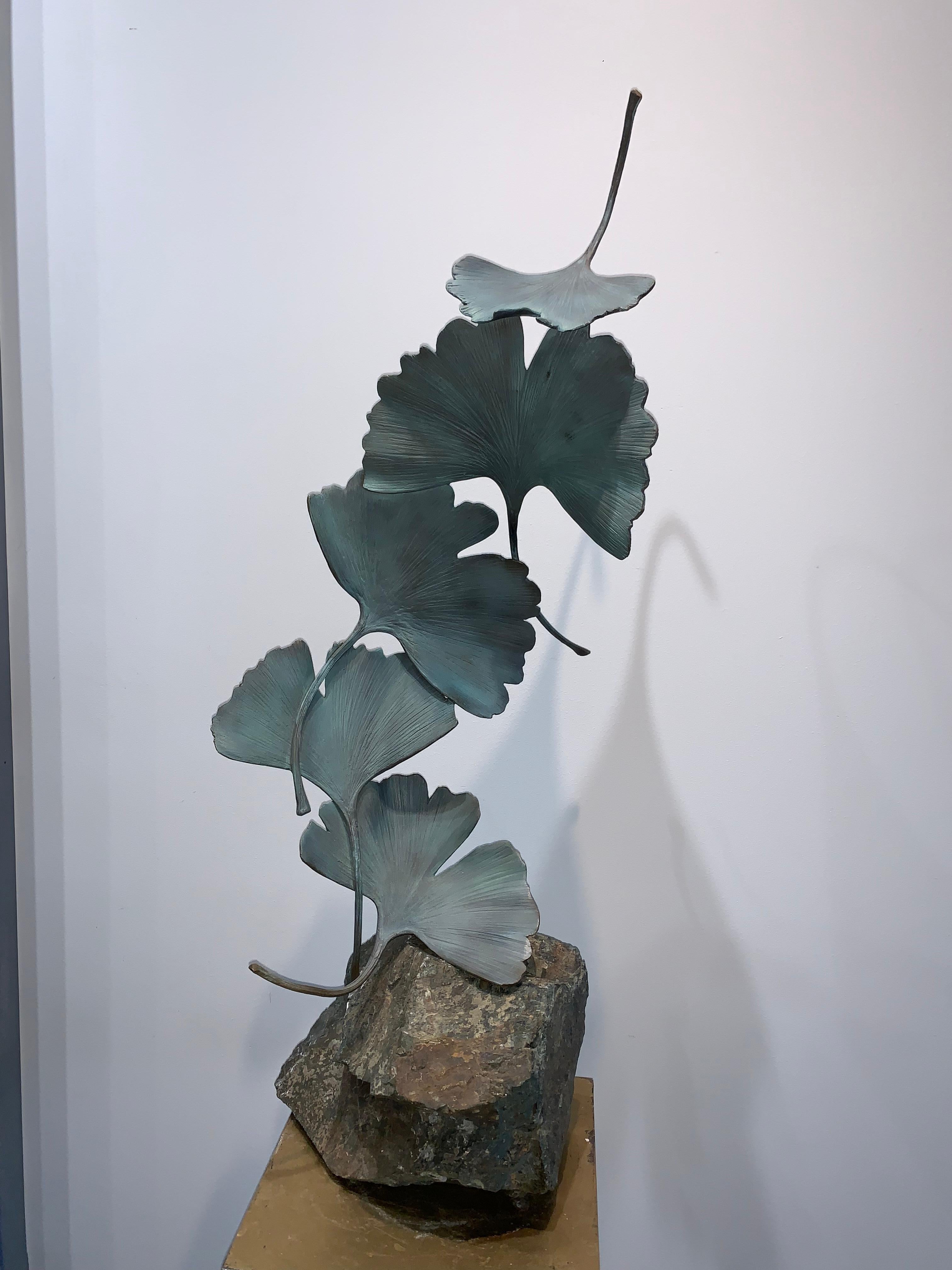 Grey Gingko by Kuno Vollet - Contemporary bronze sculpture on rough granite base For Sale 4