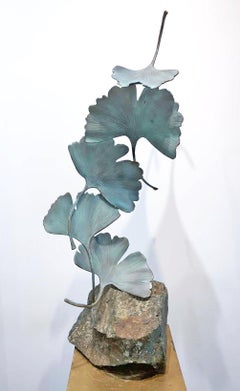 Grey Gingko by Kuno Vollet - Contemporary bronze sculpture on rough granite base