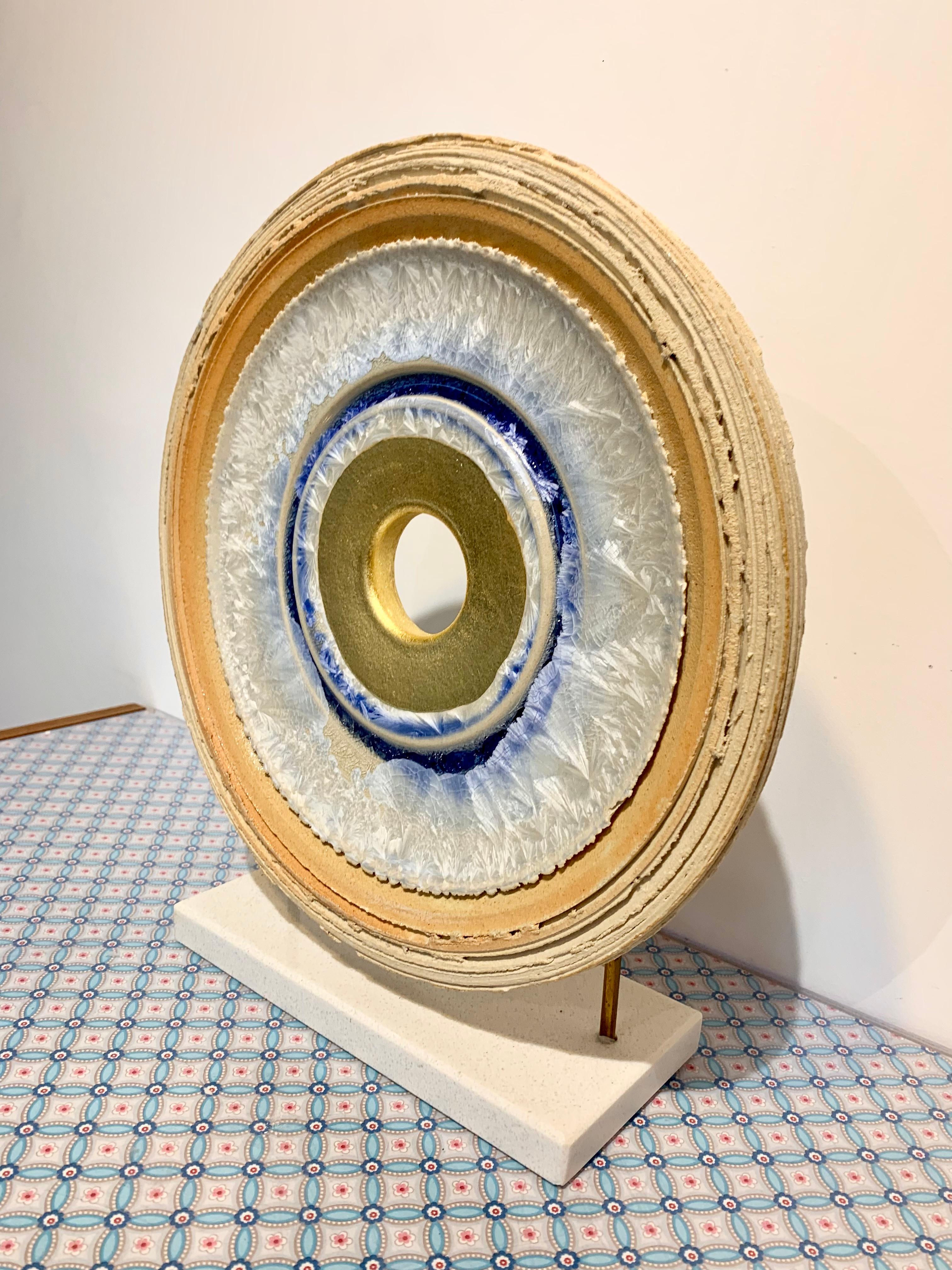 Ice Blue Creatio Continua by Kuno Vollet - gold, blue circular ceramic sculpture For Sale 5