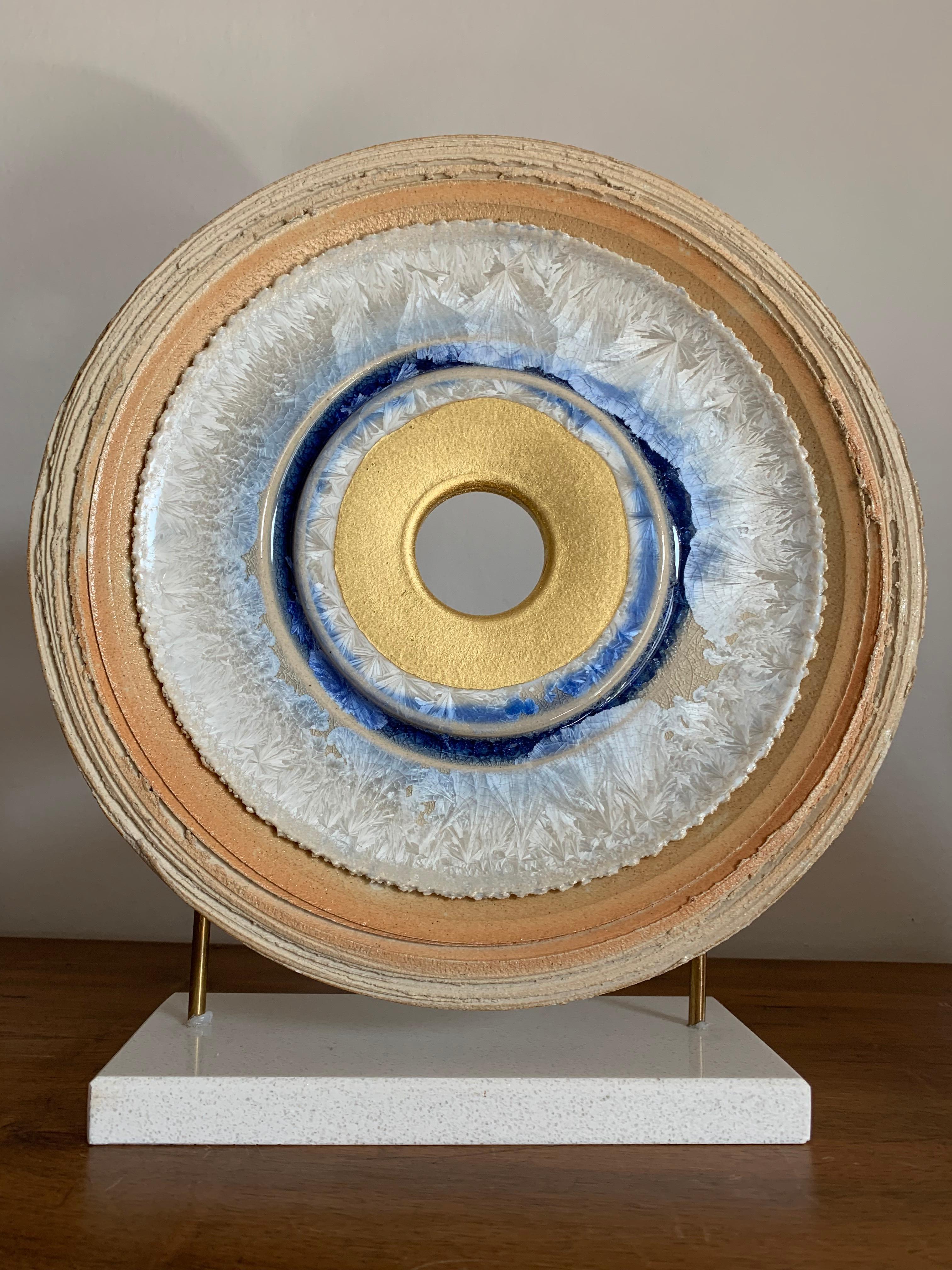 Infinity Diamond by K. Vollet - gold, blue circular sculpture on granite base For Sale 4