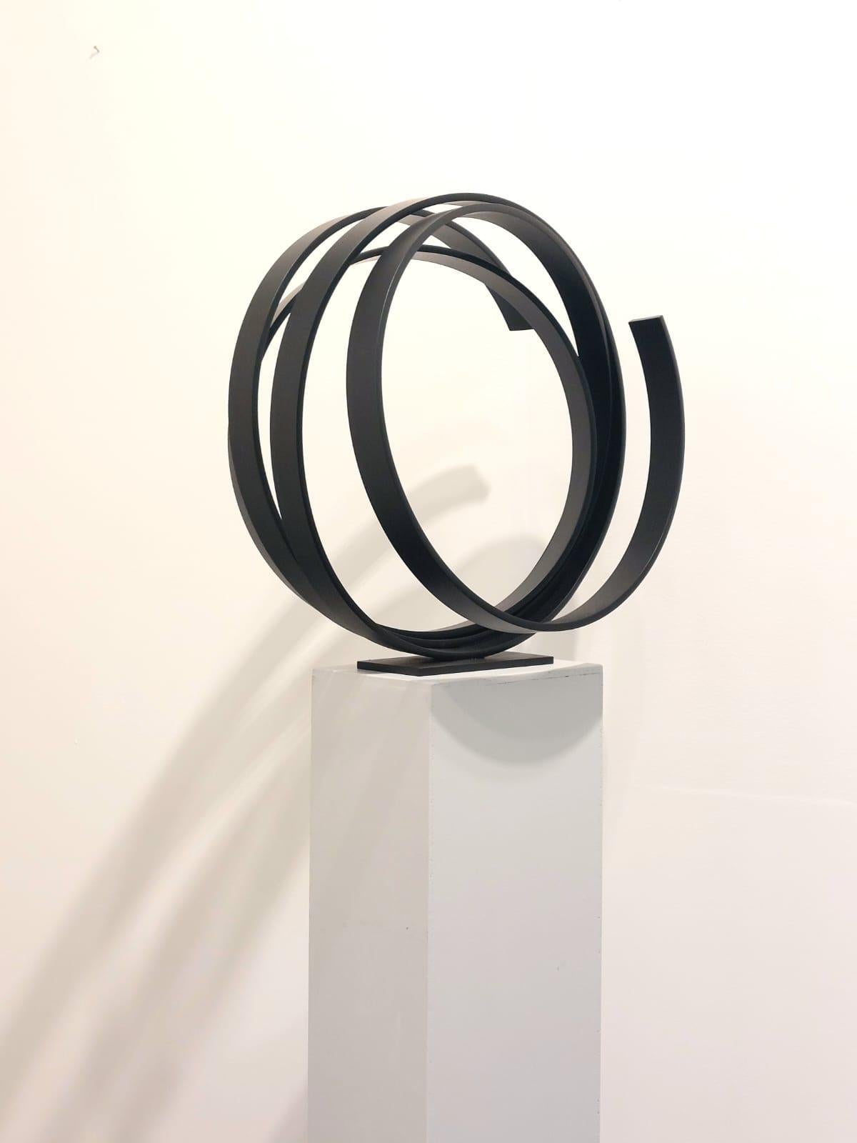 A large contemporary black powder coated steel sculpture. Beautiful on the floor or a pedestal. 
A contemporary statement piece full of elegance and movement.
_______________________________________________________________________

Born in 1951 in