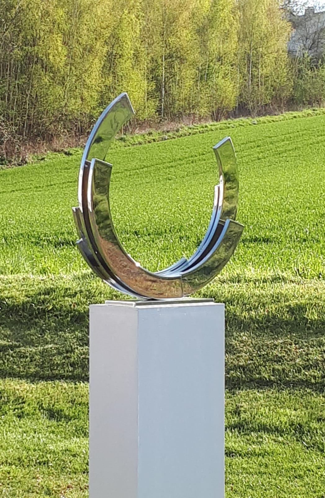 Silver Orbit by Kuno Vollet - Contemporary brass sculpture with silver base For Sale 2