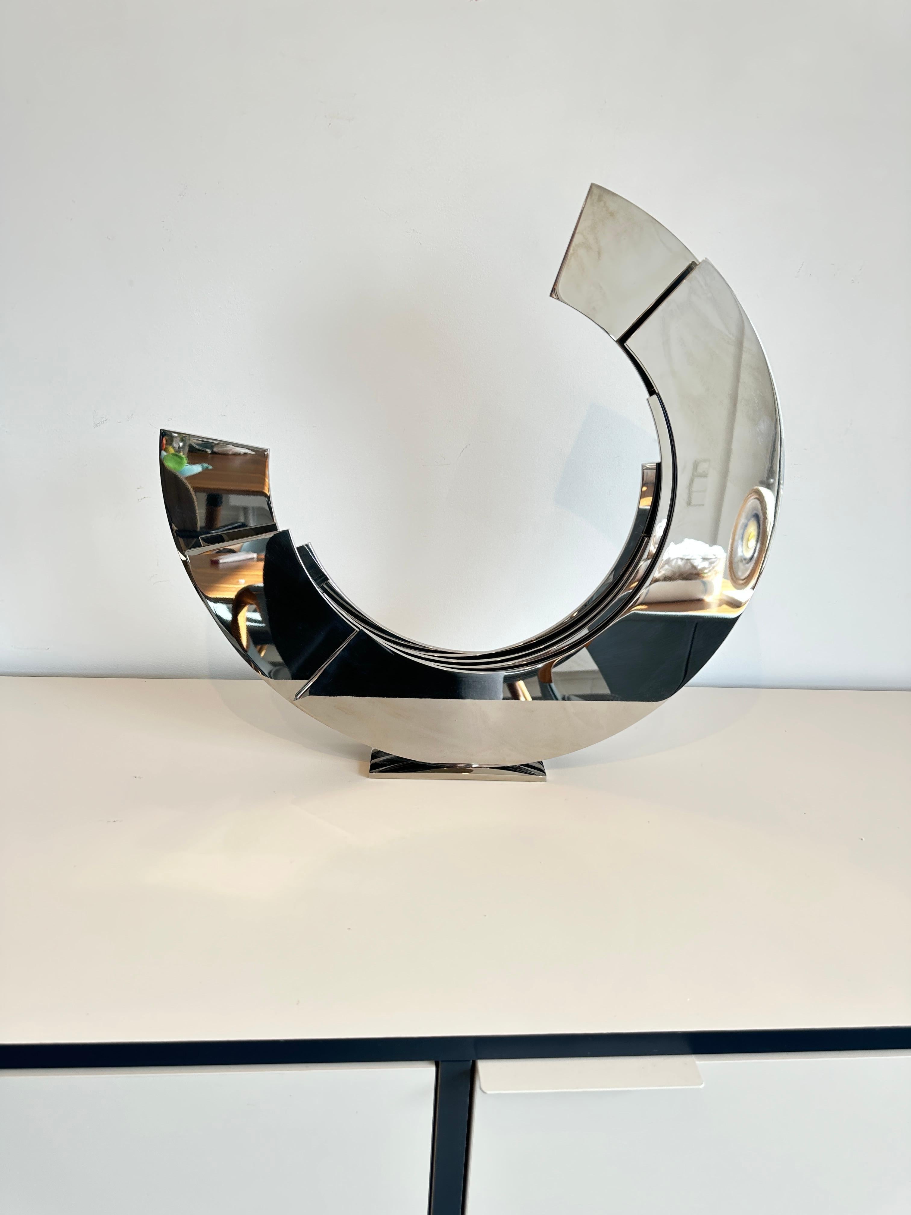 Silver Orbit by Kuno Vollet - Contemporary brass sculpture with silver base For Sale 4