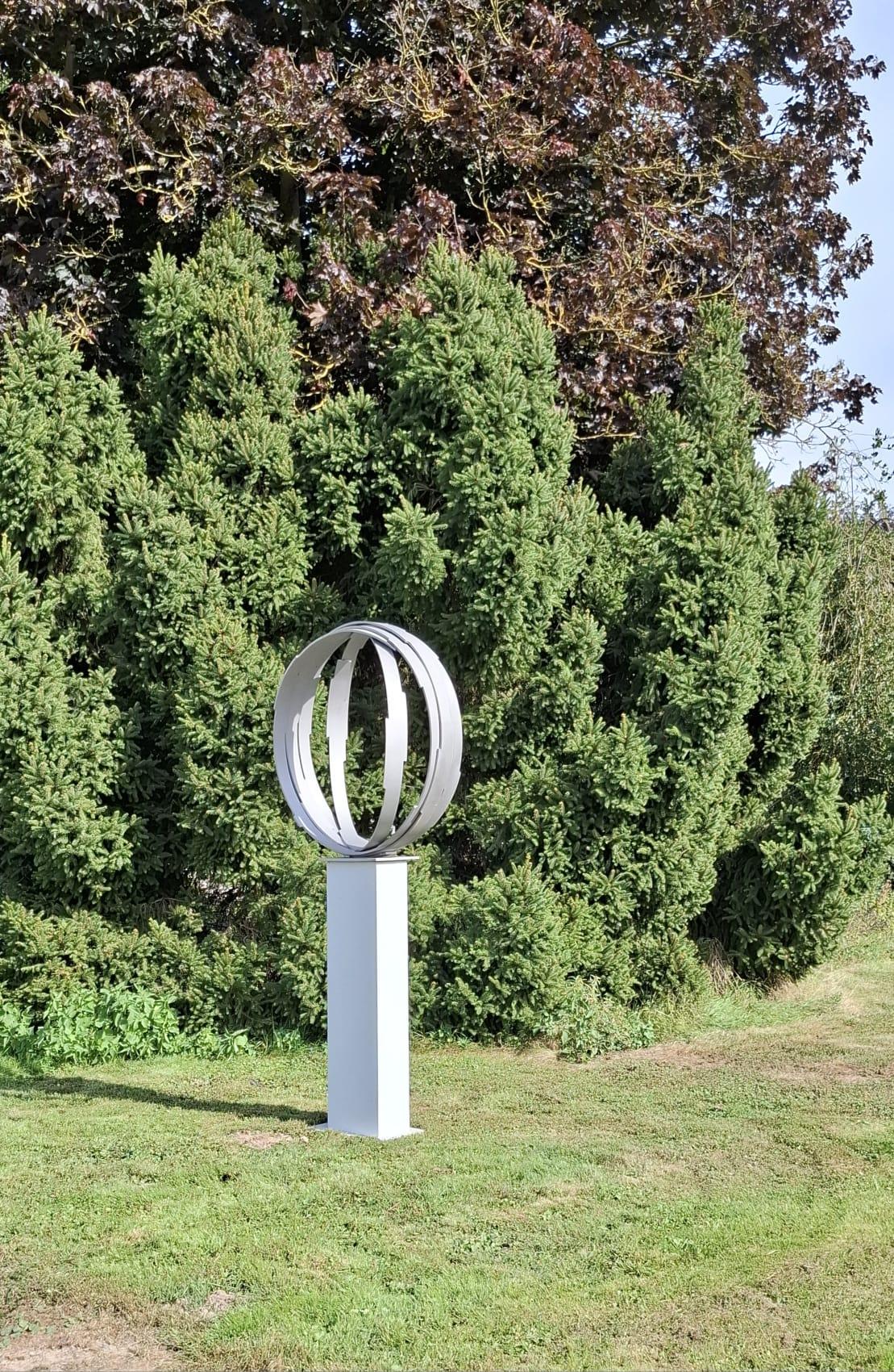 Steel Orbit by Kuno Vollet -Contemporary brushed steel sculpture for In/Outdoors For Sale 12