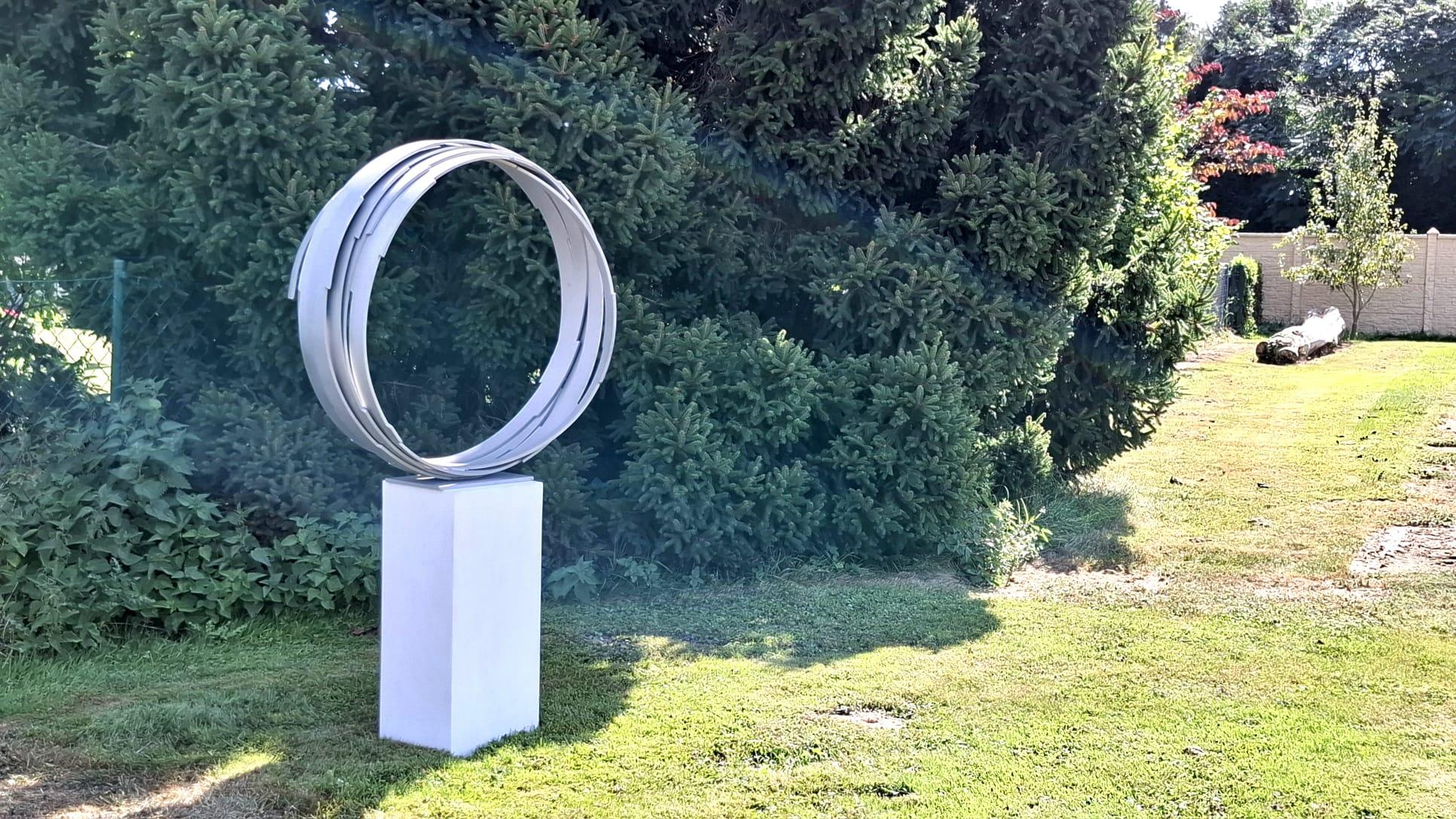 Steel Orbit by Kuno Vollet -Contemporary brushed steel sculpture for In/Outdoors For Sale 3