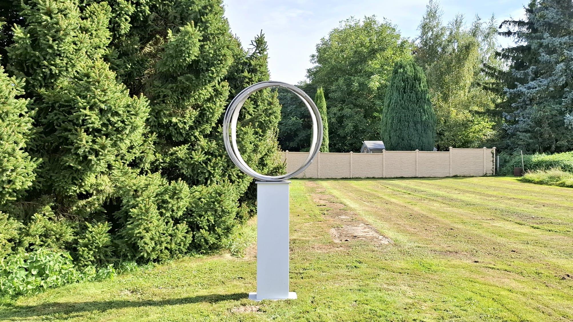 Steel Orbit by Kuno Vollet -Contemporary brushed steel sculpture for In/Outdoors For Sale 4
