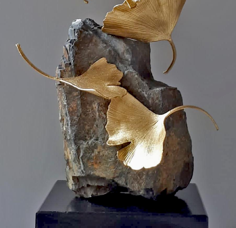 Stone Gingko by Kuno Vollet -  Gilded Brass Gingko sculpture on stone base 2