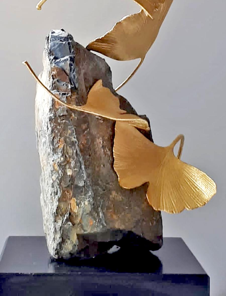 Stone Gingko by Kuno Vollet -  Gilded Brass Gingko sculpture on stone base 3