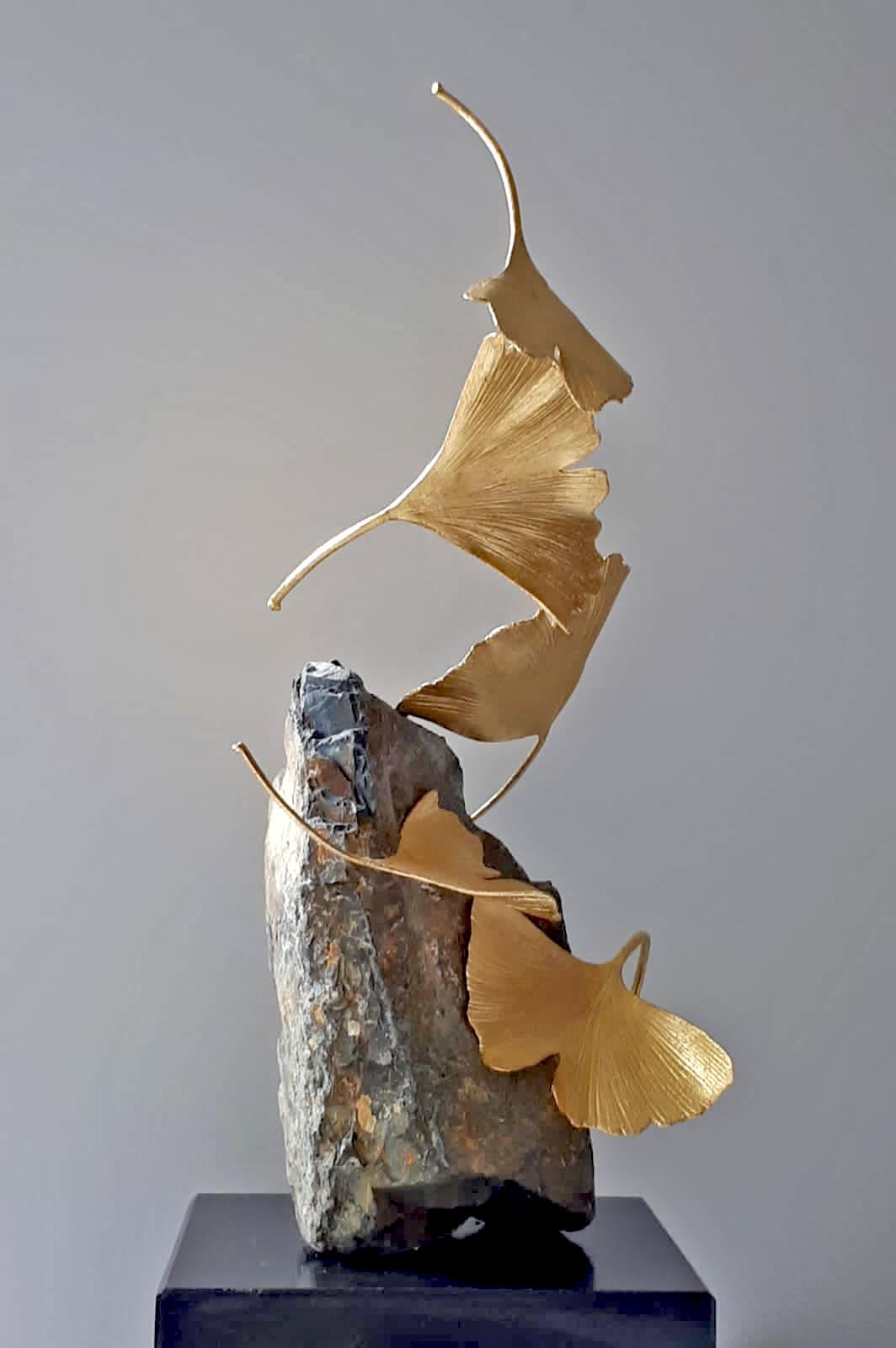 Stone Gingko by Kuno Vollet -  Gilded Brass Gingko sculpture on stone base 4