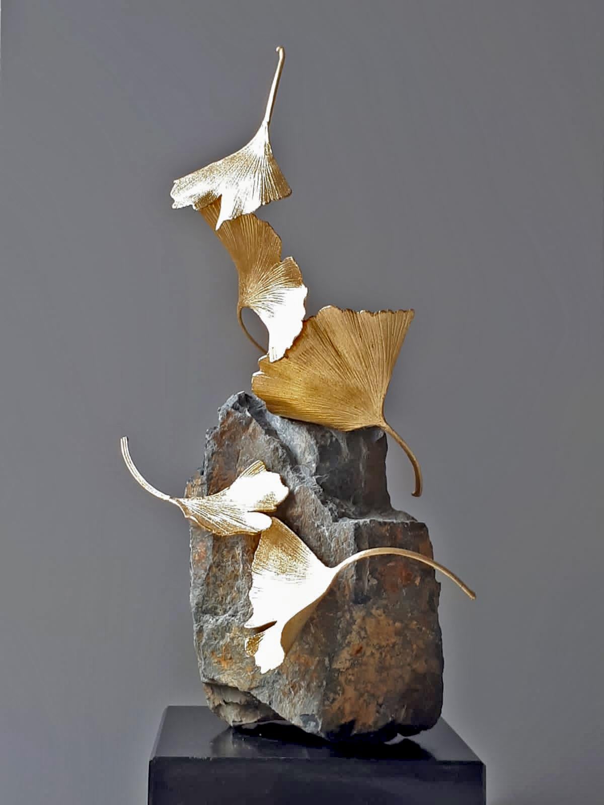 Stone Gingko by Kuno Vollet -  Gilded Brass Gingko sculpture on stone base 5