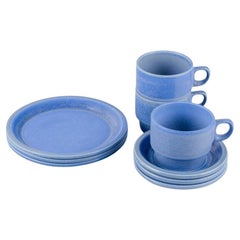 Retro Kunsthandwerk Austria, tea set for three in light blue stoneware.