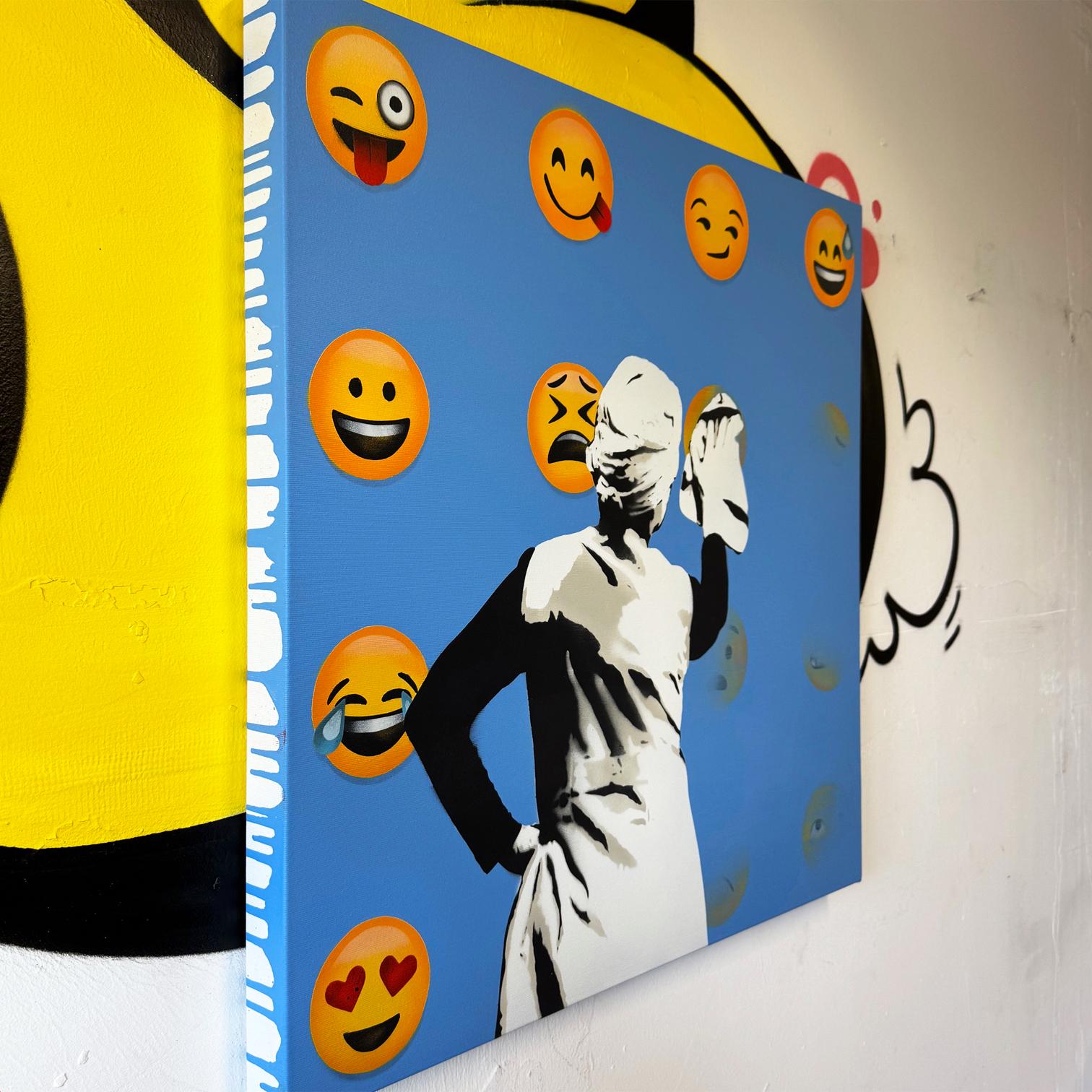 pittura spray per interni su tela street art figurativa Emoji blu pop art - Painting di Kunstrasen