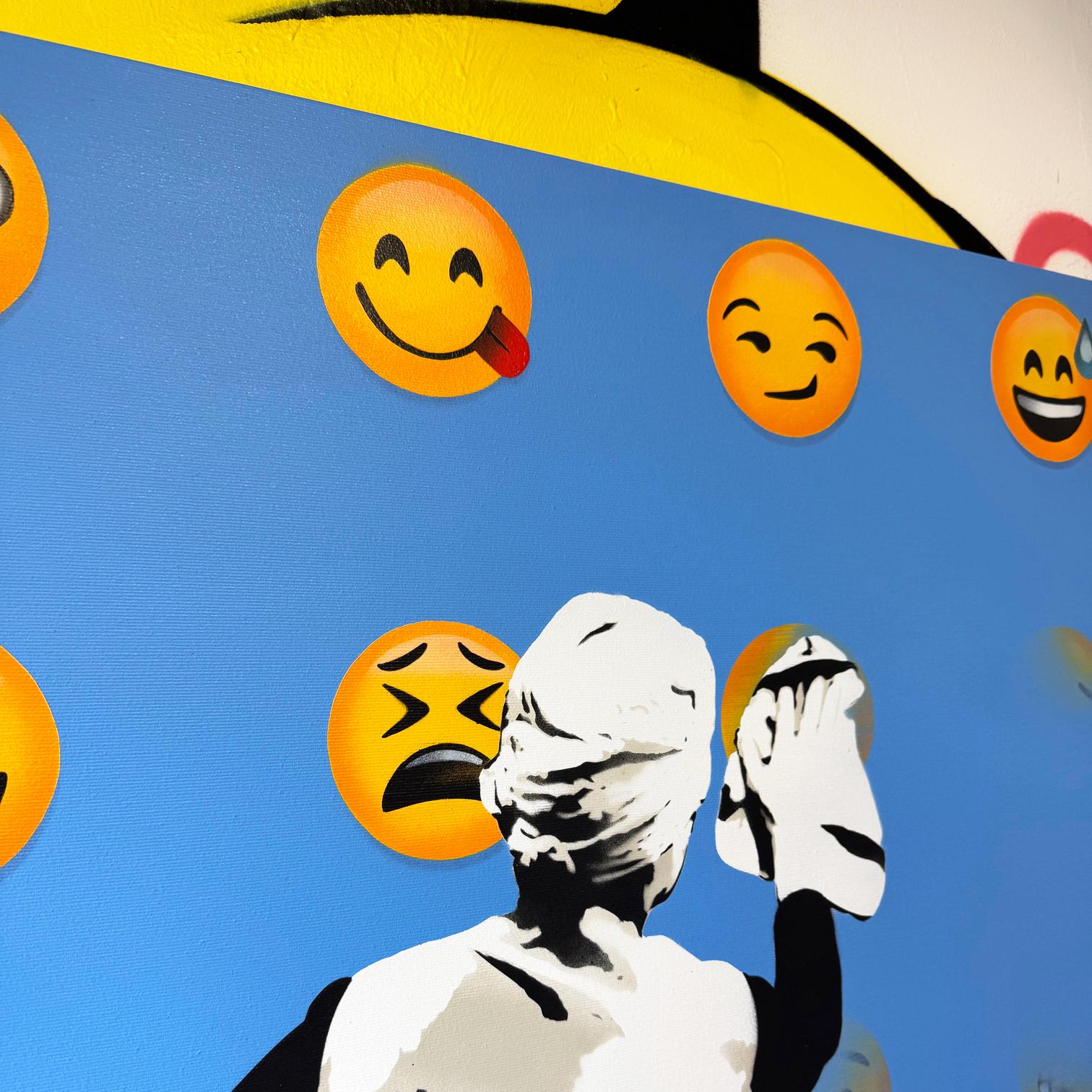 pittura spray per interni su tela street art figurativa Emoji blu pop art - Painting Street Art di Kunstrasen