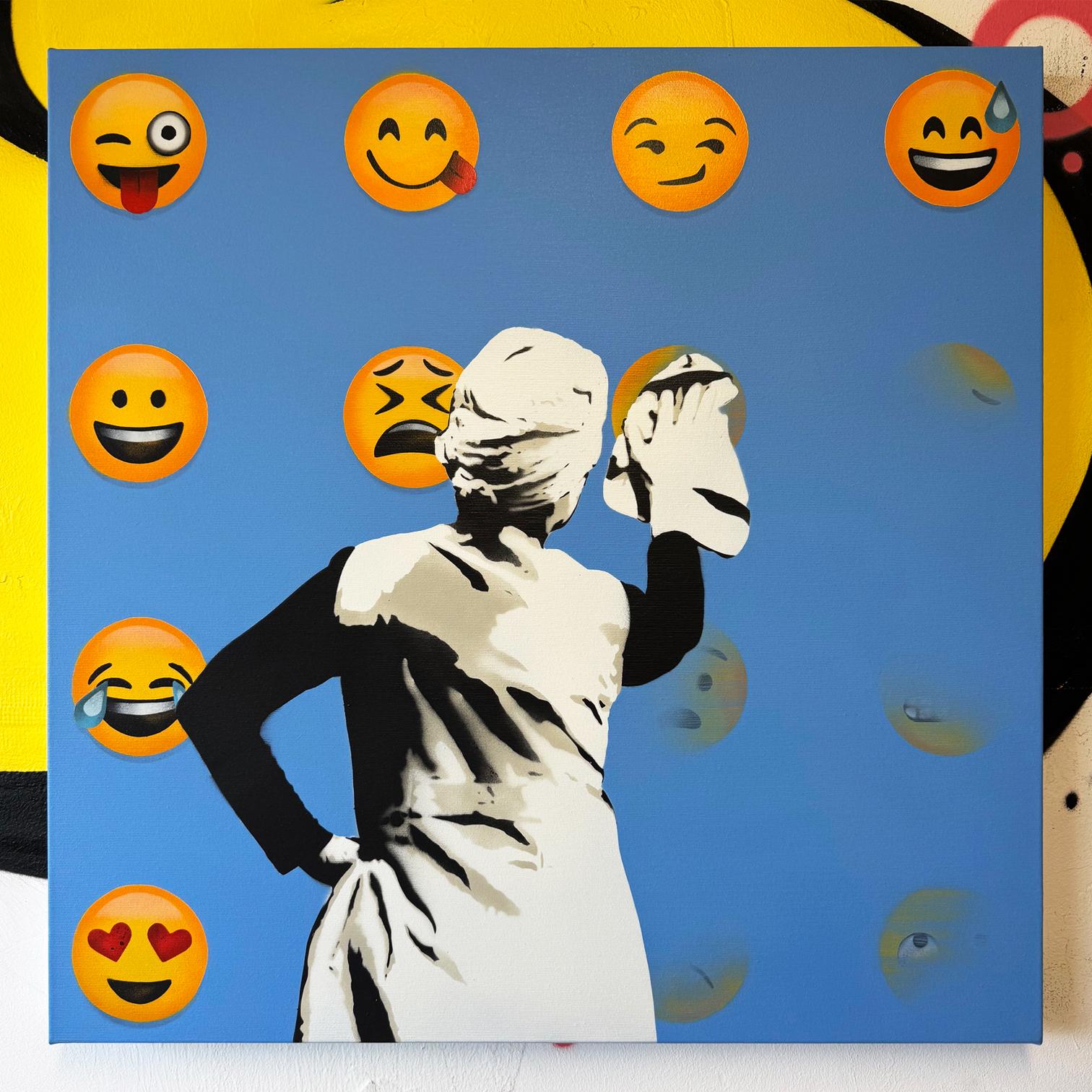 interior pintura en spray sobre lienzo arte callejero figurativo Emoji azul arte pop