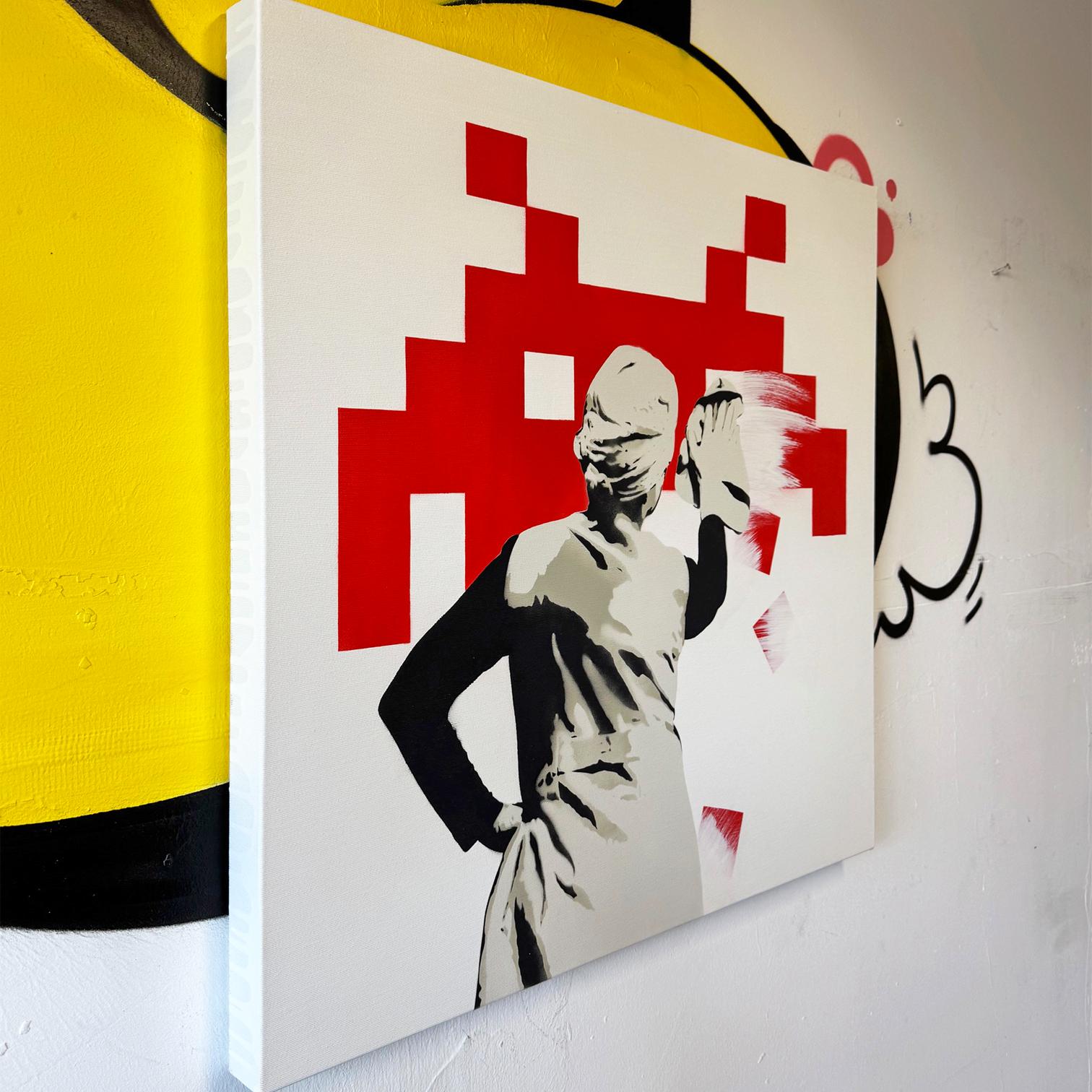 interior pintura en spray sobre lienzo arte callejero figurativo Invader rojo arte pop - Painting de Kunstrasen
