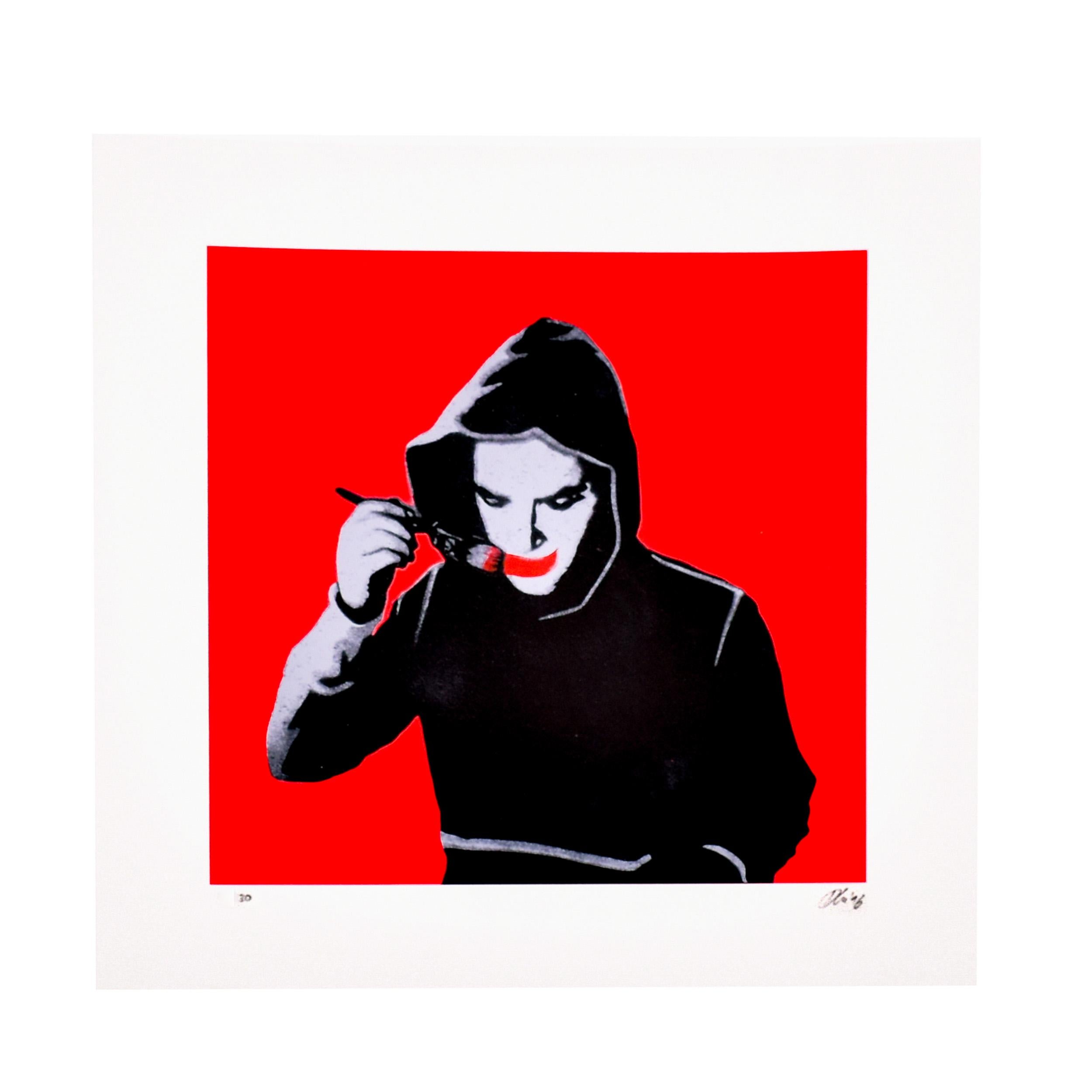 Very cool looking print featuring a character painting a smile on his face.
The smile is hand painted by Kunstrasen with red paint.
Hand signed by Kunstrasen on bottom right of print. Numbered on bottom left.
Limited Edition of only 30.
4 color