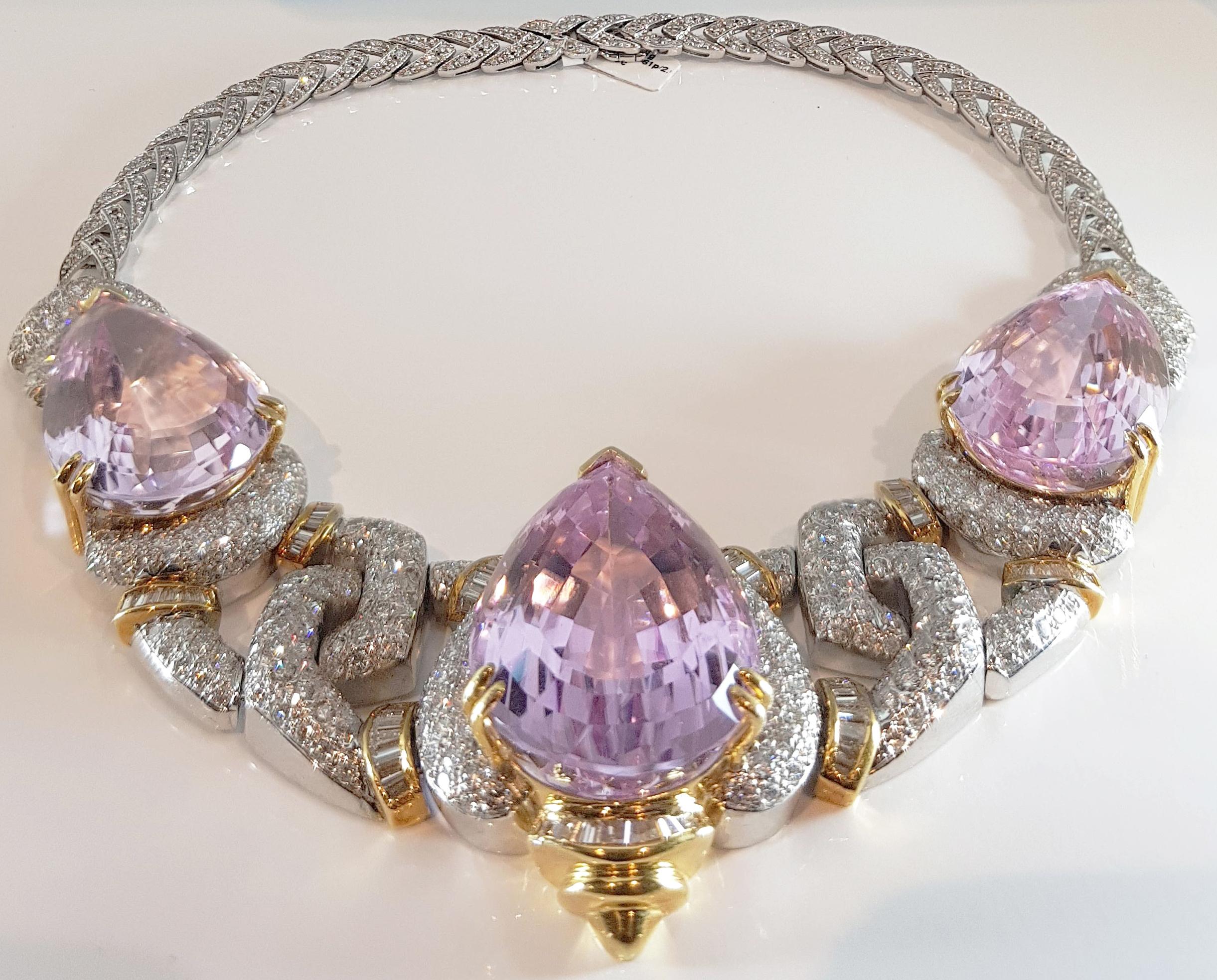 Stunning Kunzite Necklace composed of 3 pear shape Beautiful lilac-pink 20ct kunzites.

Kunzite is the best-known variety of the mineral spodumene. 
It’s named after famed gemologist George Frederick Kunz, 
who was the first to identify it as a
