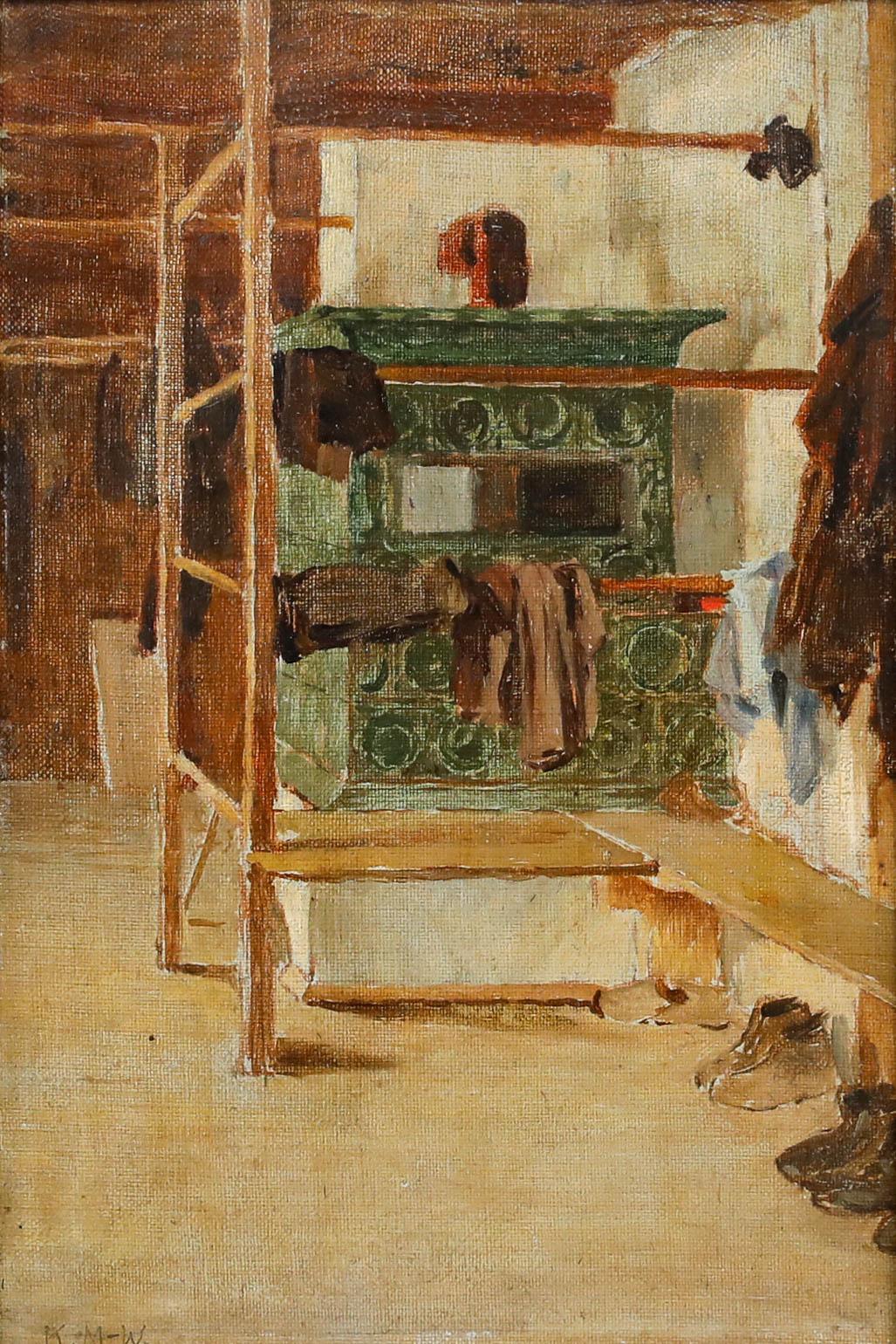 Kunz Meyer-Waldeck (1859-1953) - 1859 Öl, Wäschetrocknung am Herd im Angebot 1