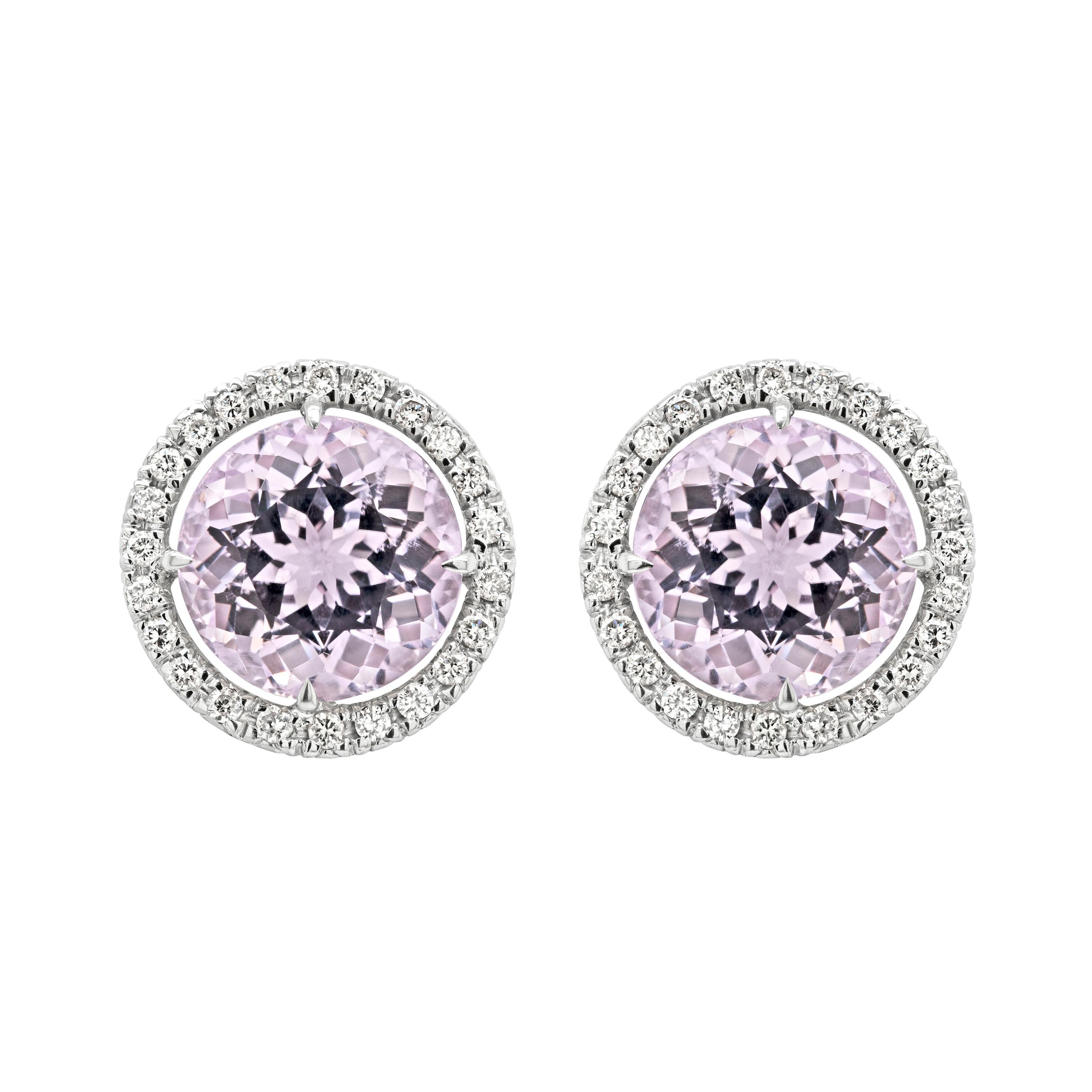 Kunzite and Diamond 18 Carat White Gold Halo Cluster Stud Earrings